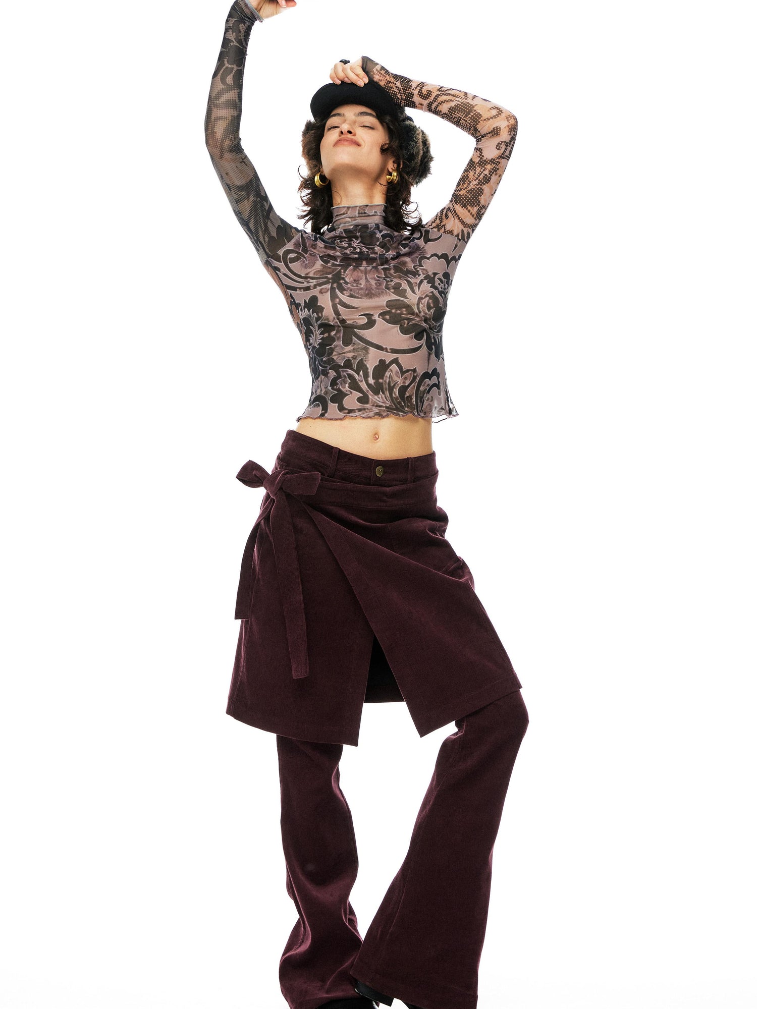 YOSHUYUKI Floral Print Mesh Top With Vintage Spliced Sleeves