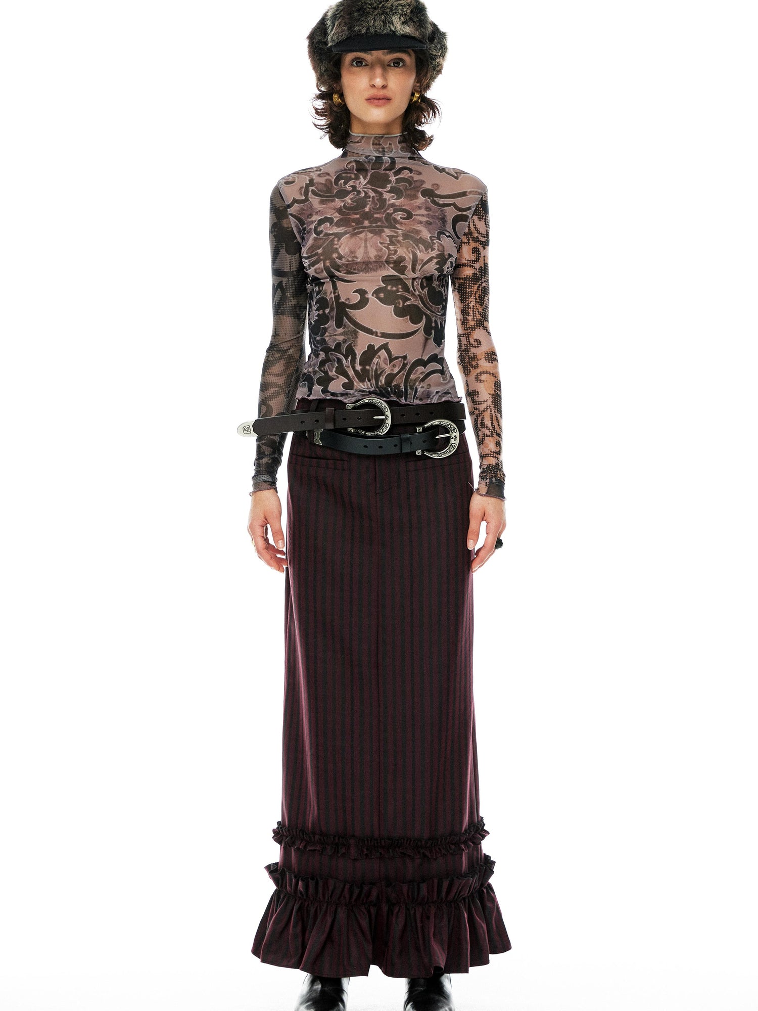 YOSHUYUKI Floral Print Mesh Top With Vintage Spliced Sleeves