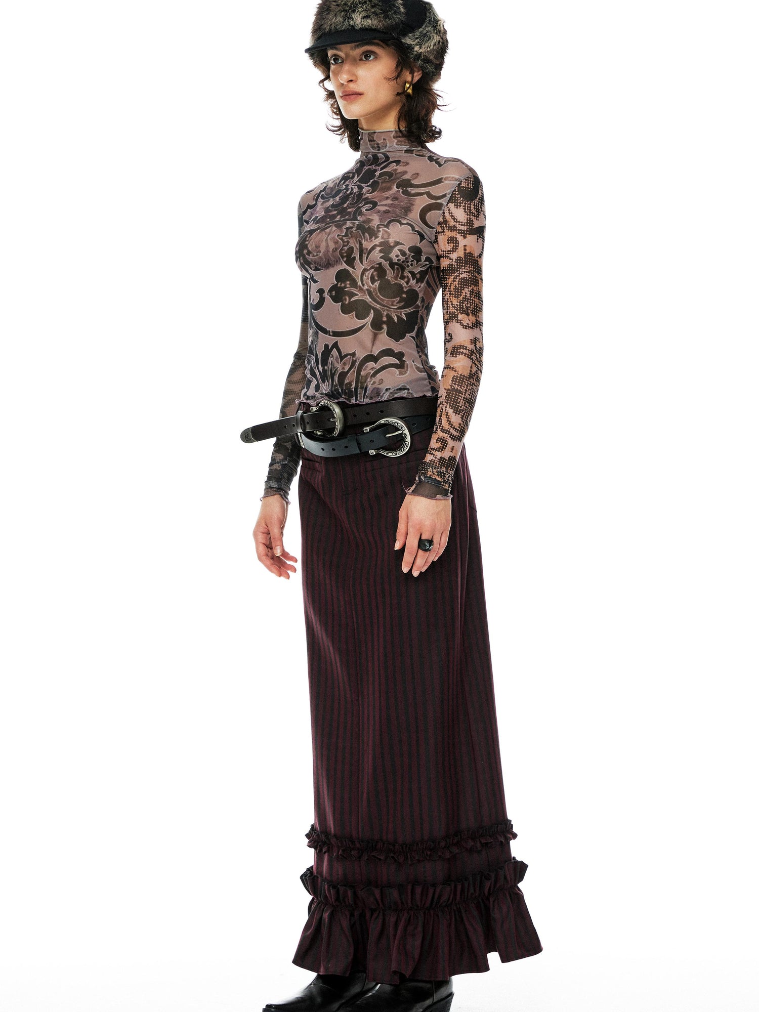 YOSHUYUKI Floral Print Mesh Top With Vintage Spliced Sleeves