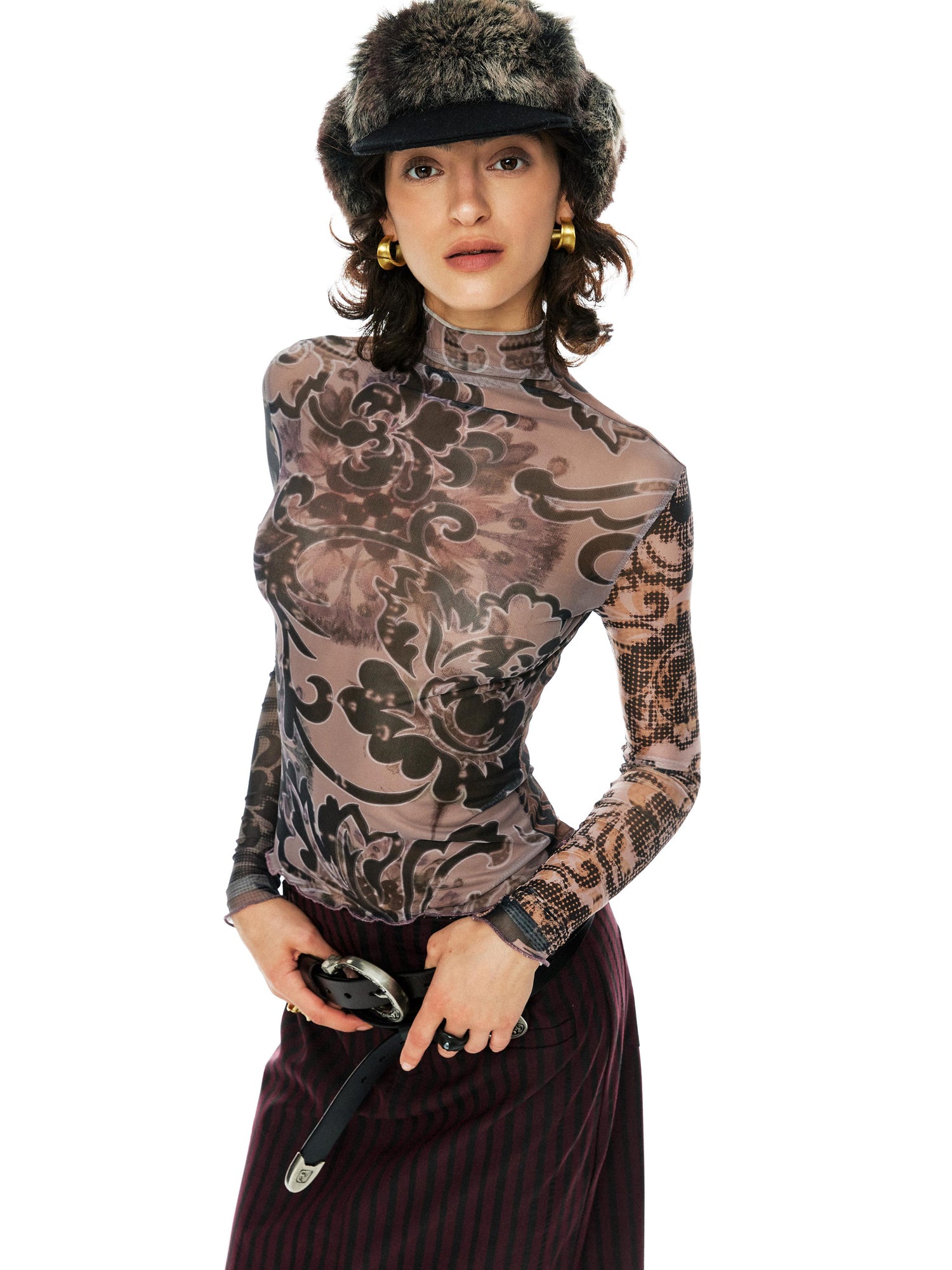 YOSHUYUKI Floral Print Mesh Top With Vintage Spliced Sleeves