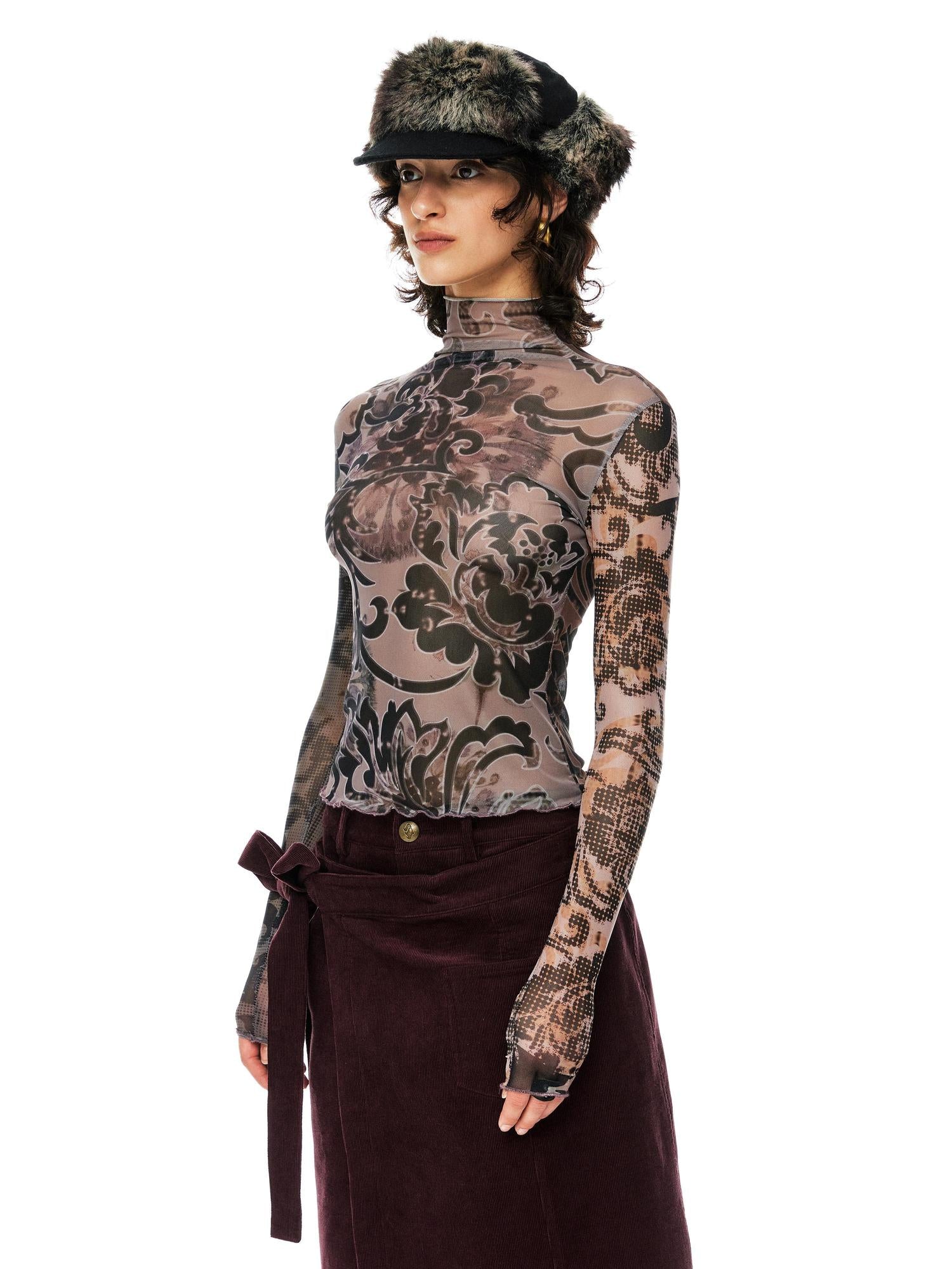 YOSHUYUKI Floral Print Mesh Top With Vintage Spliced Sleeves