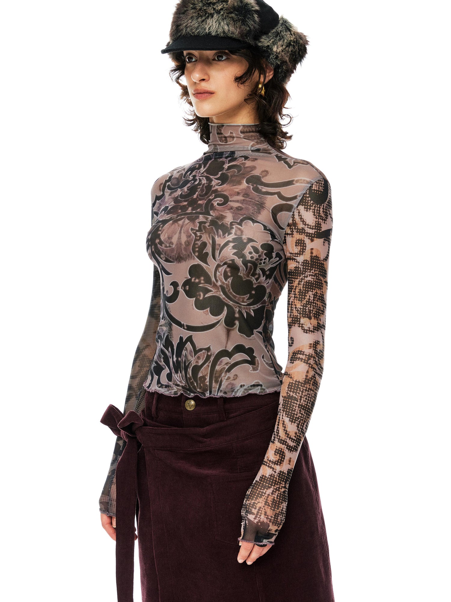 YOSHUYUKI Floral Print Mesh Top With Vintage Spliced Sleeves