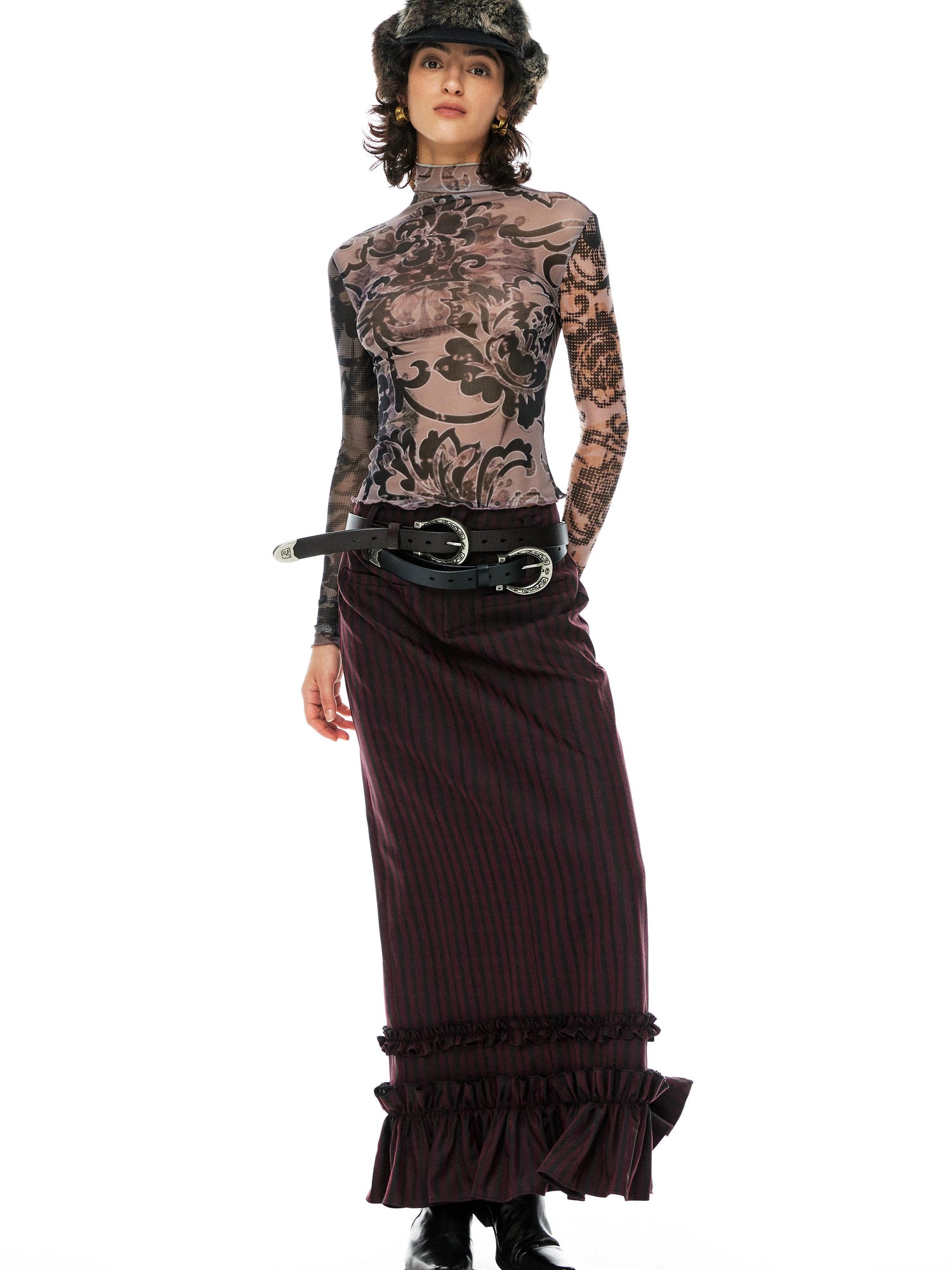 YOSHUYUKI Floral Print Mesh Top With Vintage Spliced Sleeves