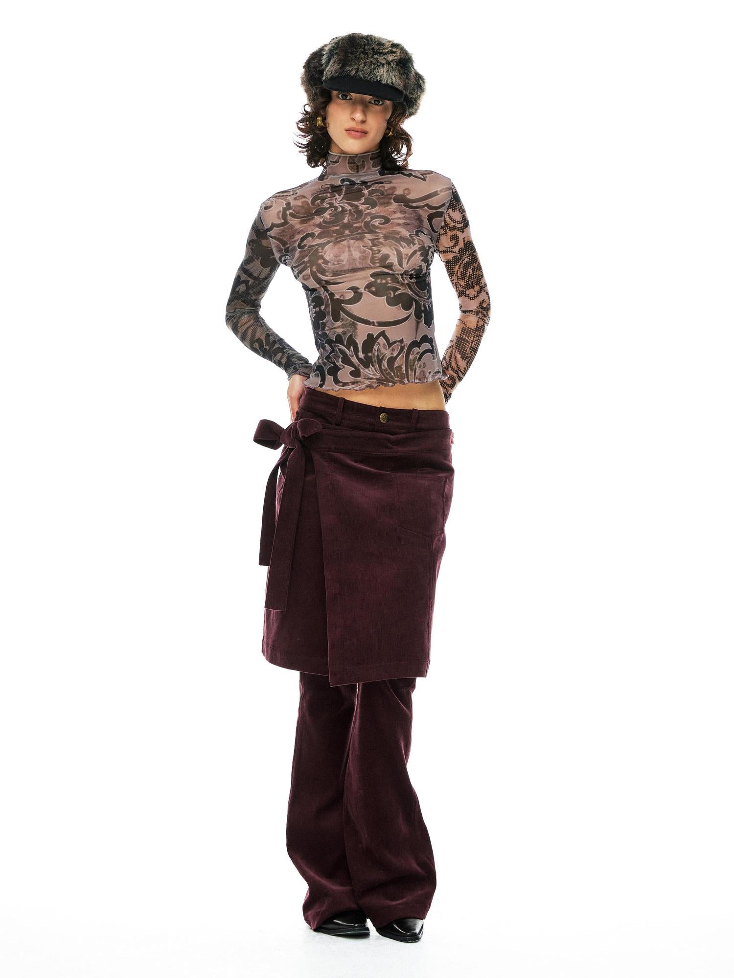 YOSHUYUKI Floral Print Mesh Top With Vintage Spliced Sleeves