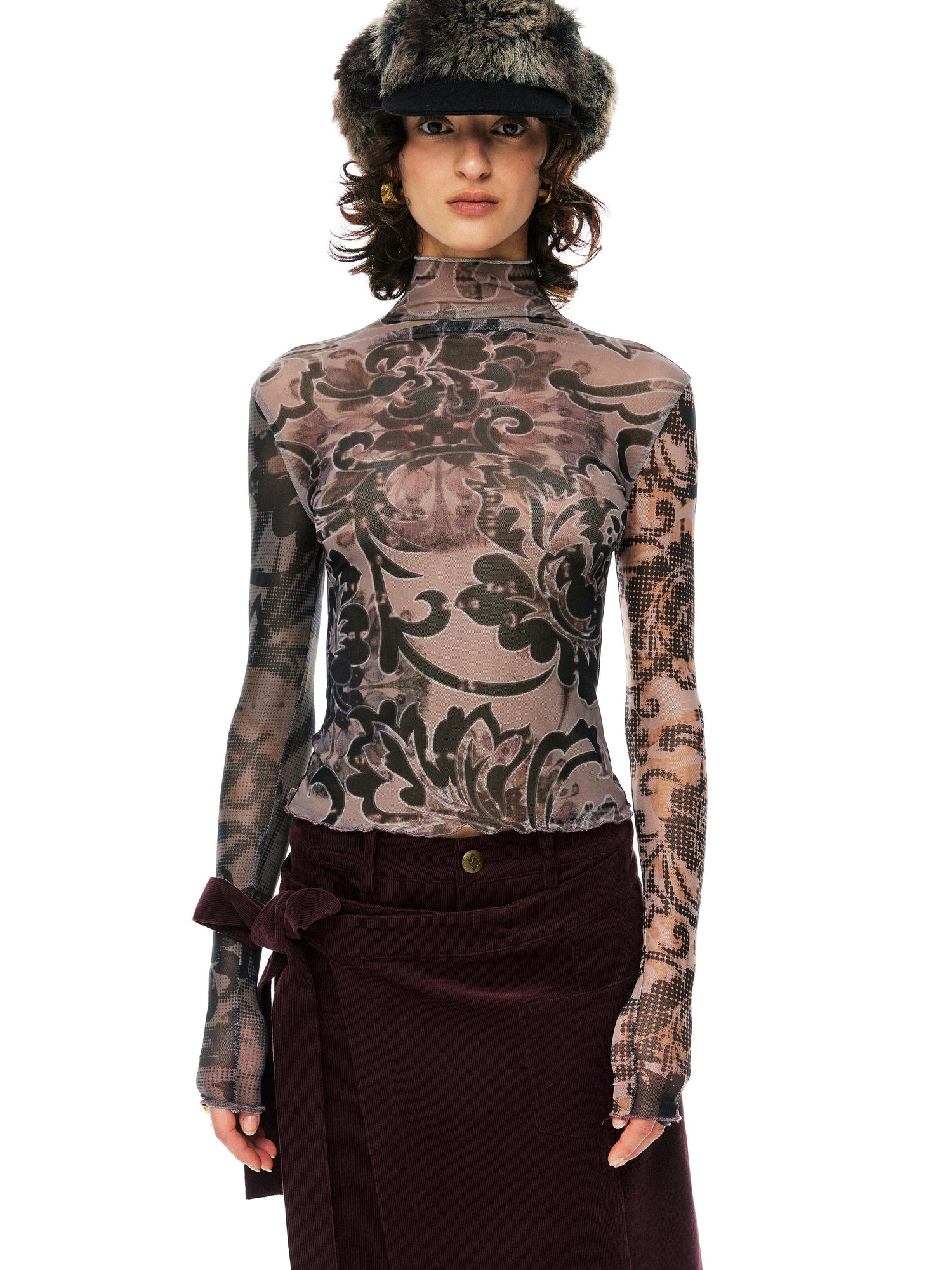 YOSHUYUKI Floral Print Mesh Top With Vintage Spliced Sleeves