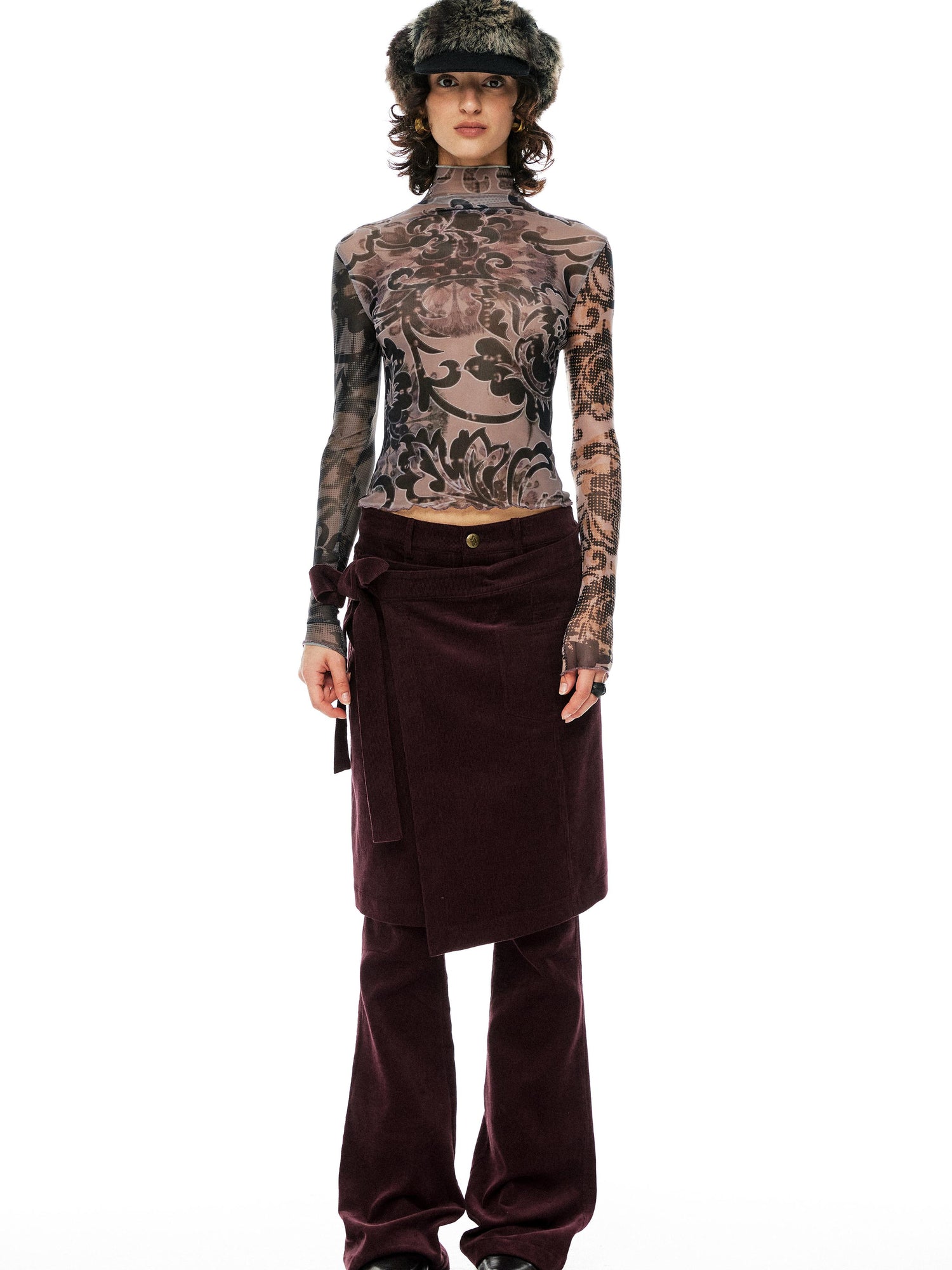 YOSHUYUKI Floral Print Mesh Top With Vintage Spliced Sleeves