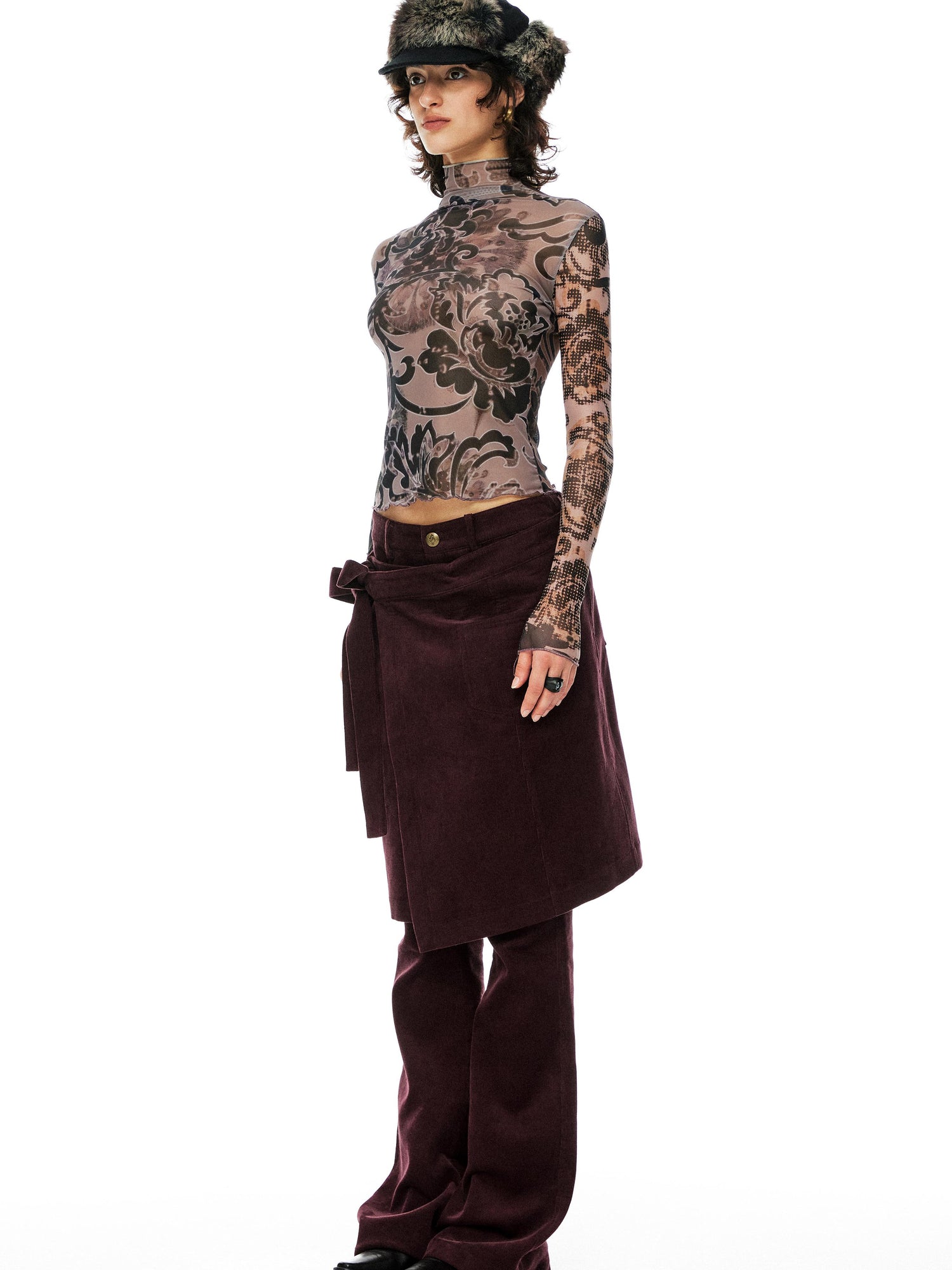 YOSHUYUKI Floral Print Mesh Top With Vintage Spliced Sleeves
