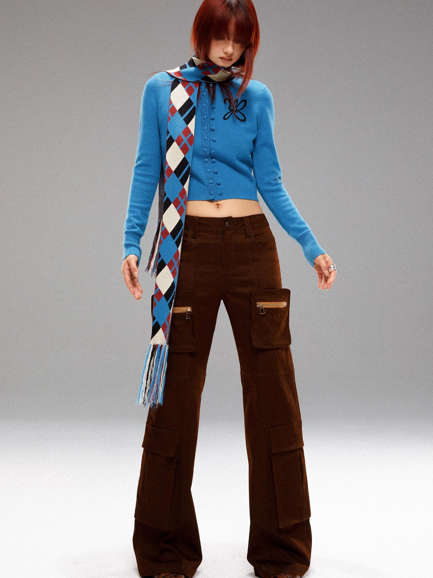 YOSHUYUKI Island Blue Embroidered Double Breasted Knit Cardigan