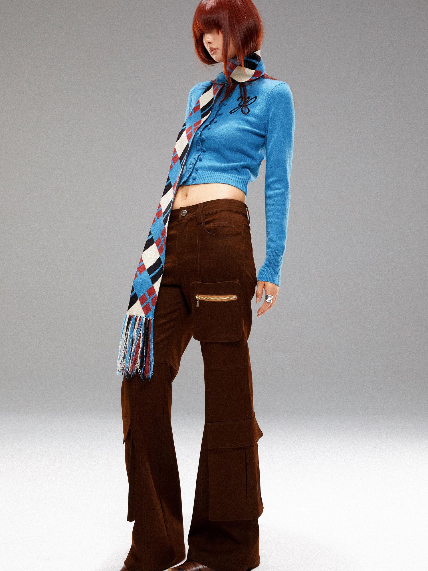 YOSHUYUKI Island Blue Embroidered Double Breasted Knit Cardigan