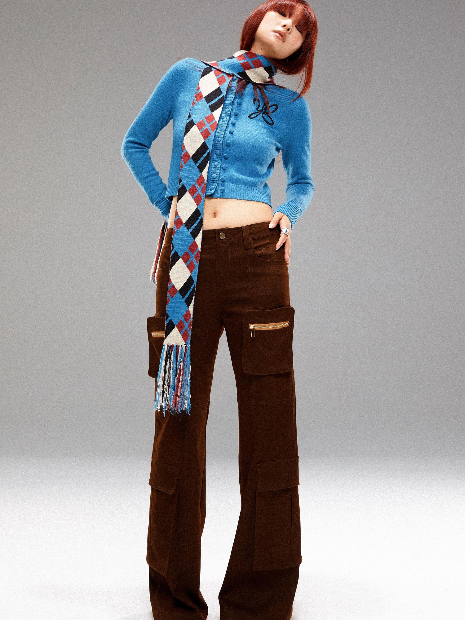 YOSHUYUKI Island Blue Embroidered Double Breasted Knit Cardigan