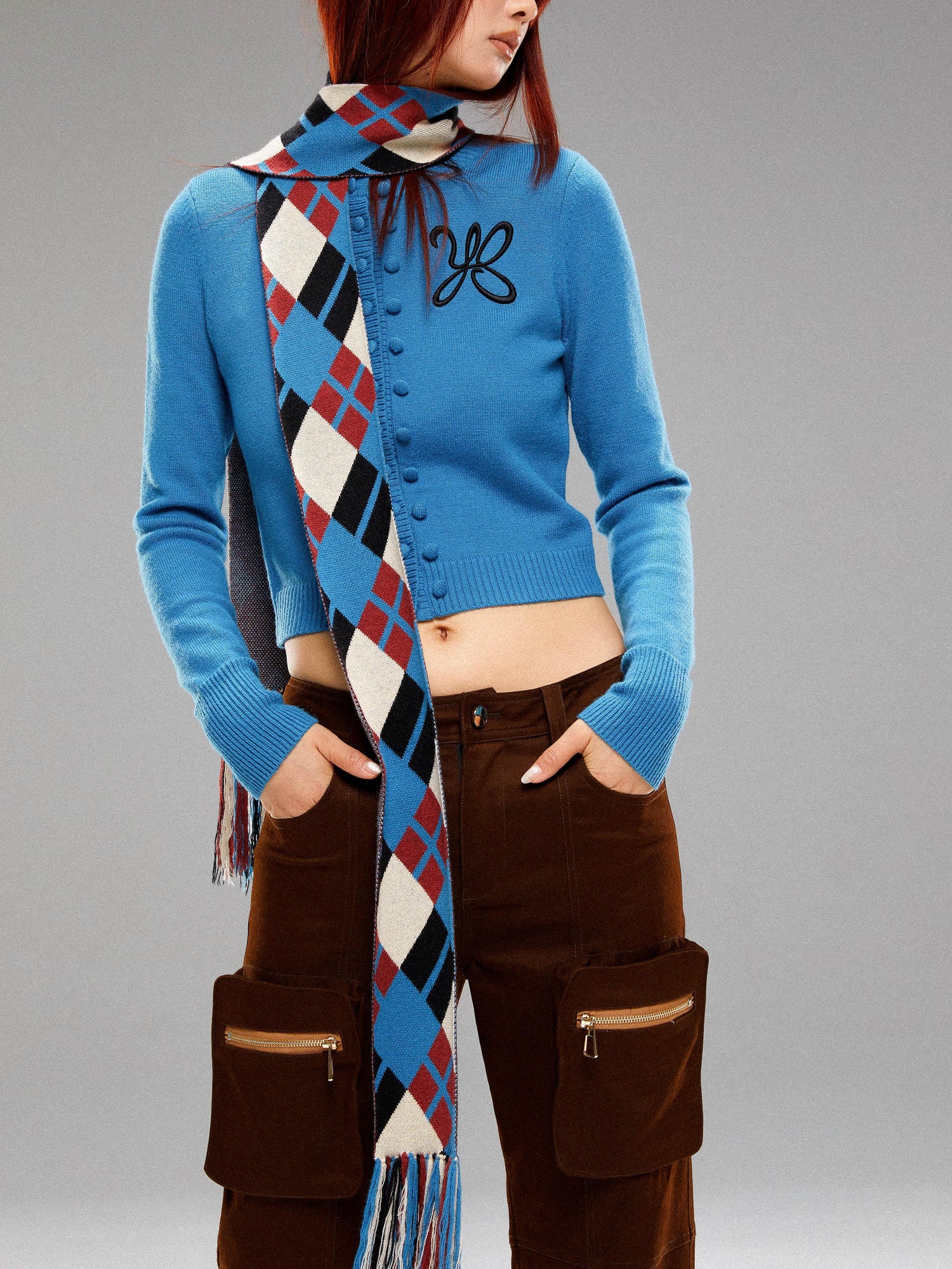 YOSHUYUKI Island Blue Embroidered Double Breasted Knit Cardigan