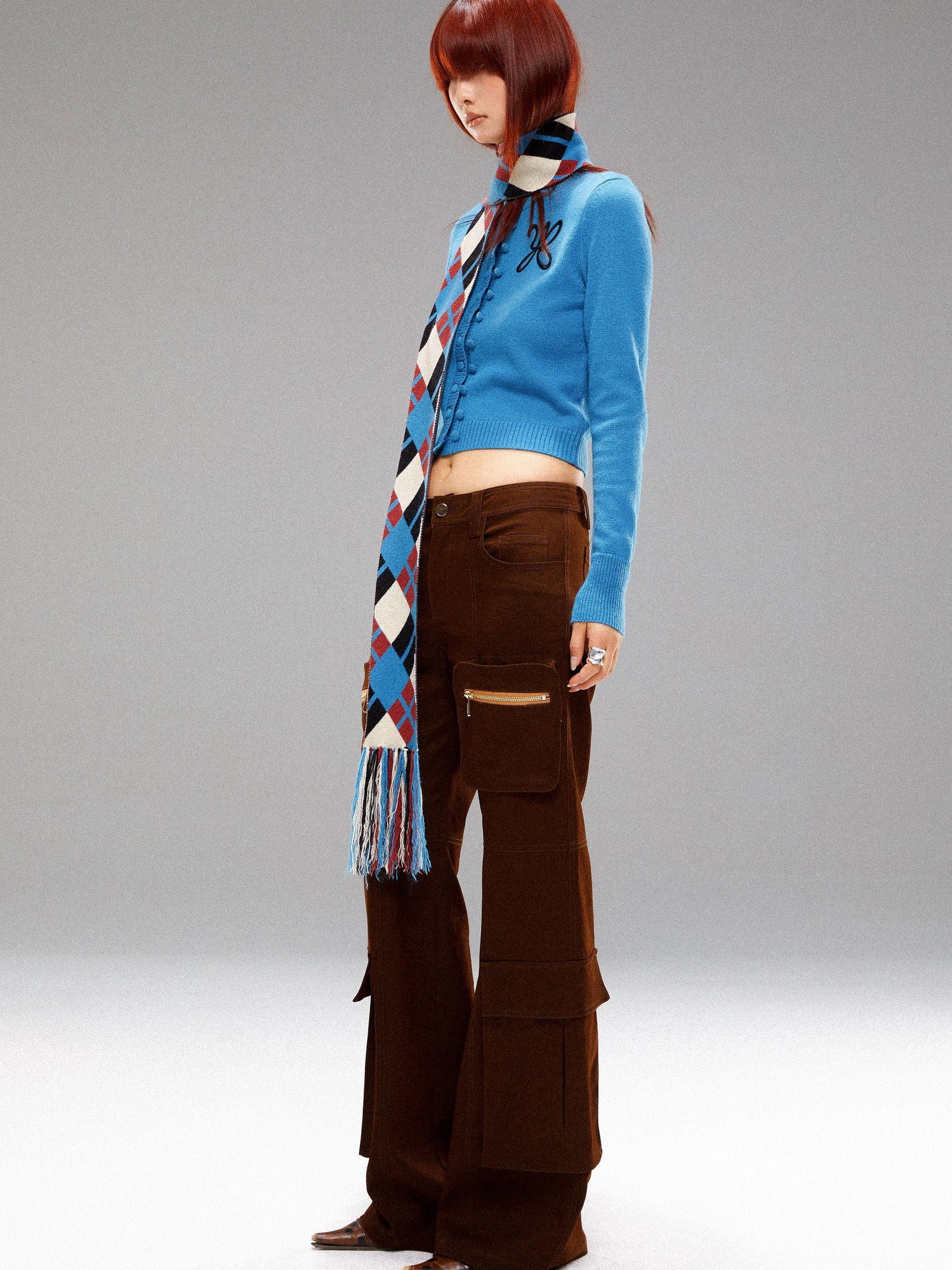 YOSHUYUKI Island Blue Embroidered Double Breasted Knit Cardigan