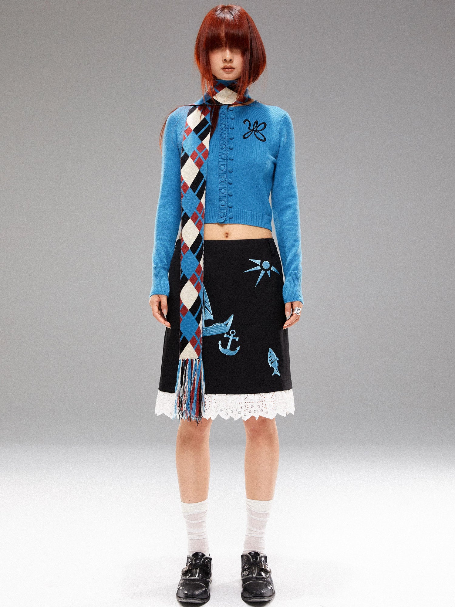 YOSHUYUKI Island Blue Embroidered Double Breasted Knit Cardigan