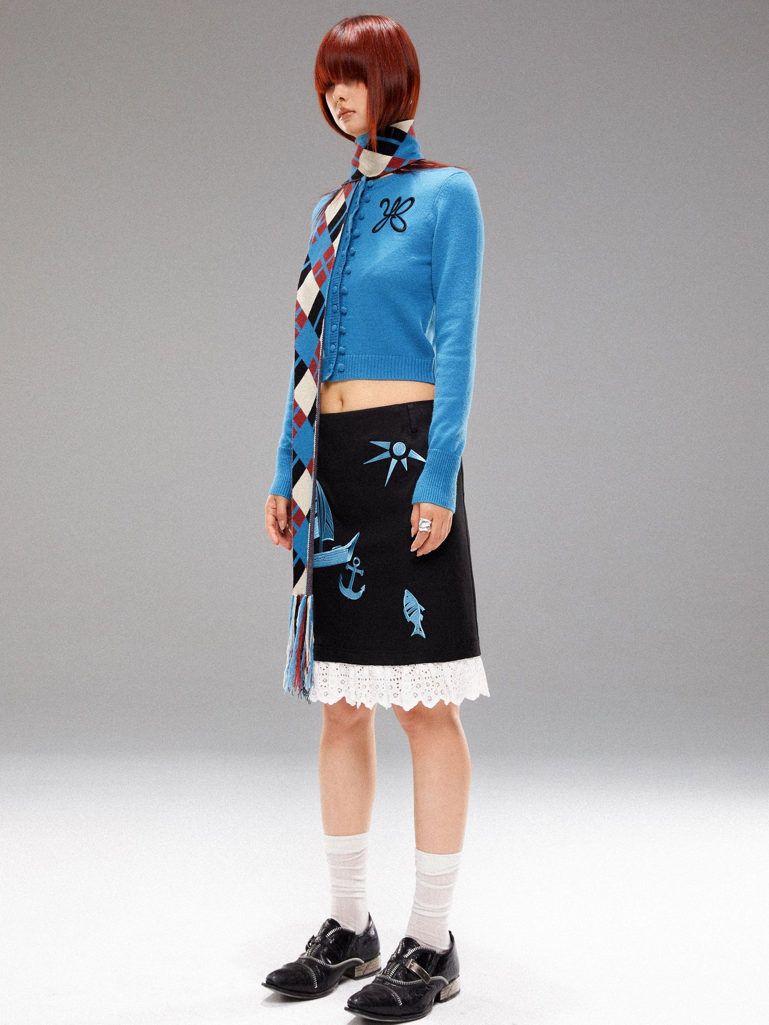 YOSHUYUKI Island Blue Embroidered Double Breasted Knit Cardigan