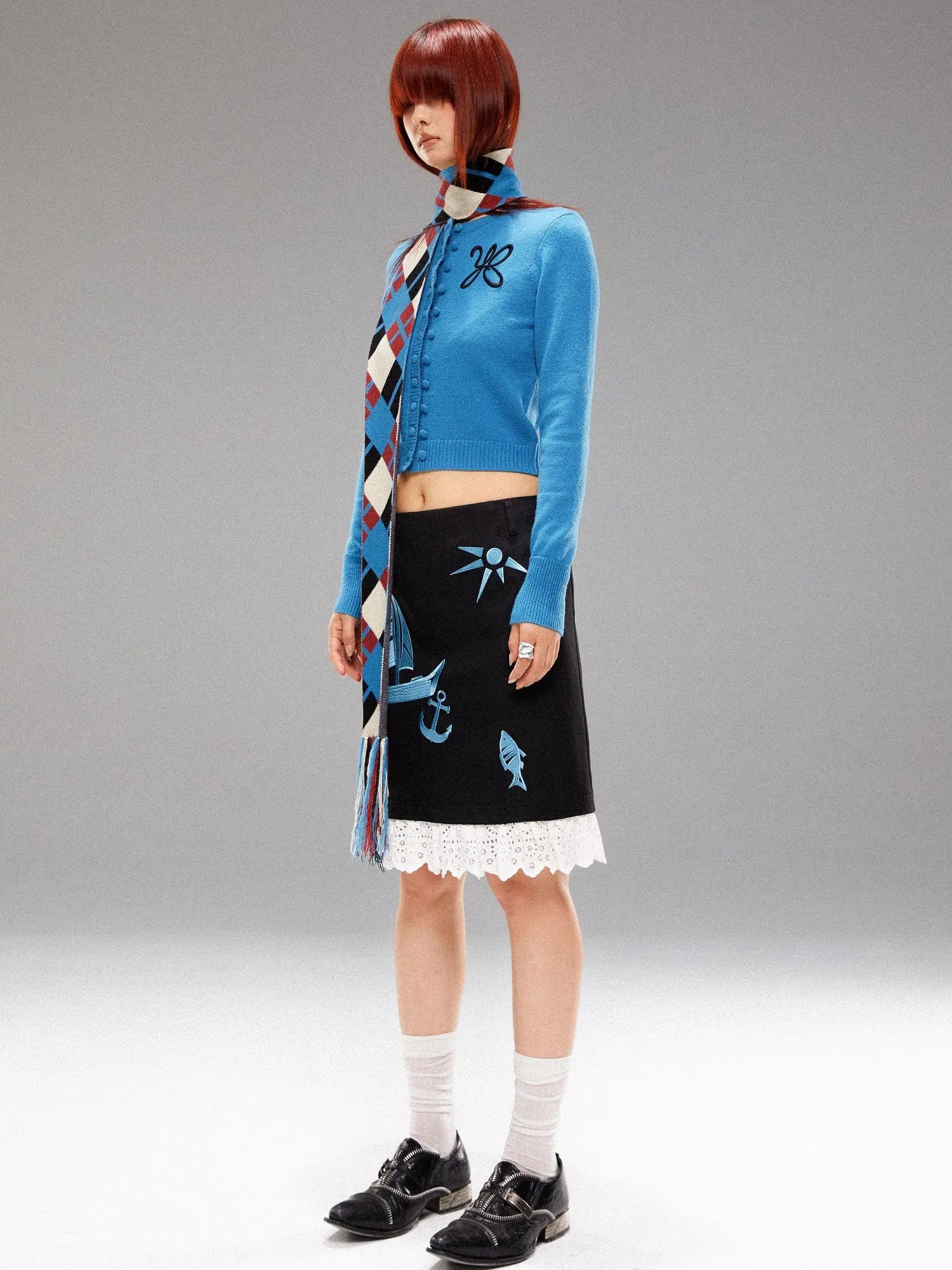 Island Blue Embroidered Double Breasted Knit Cardigan