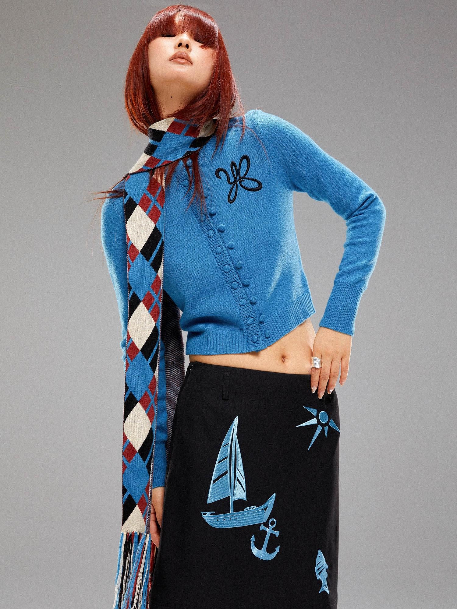 YOSHUYUKI Island Blue Embroidered Double Breasted Knit Cardigan