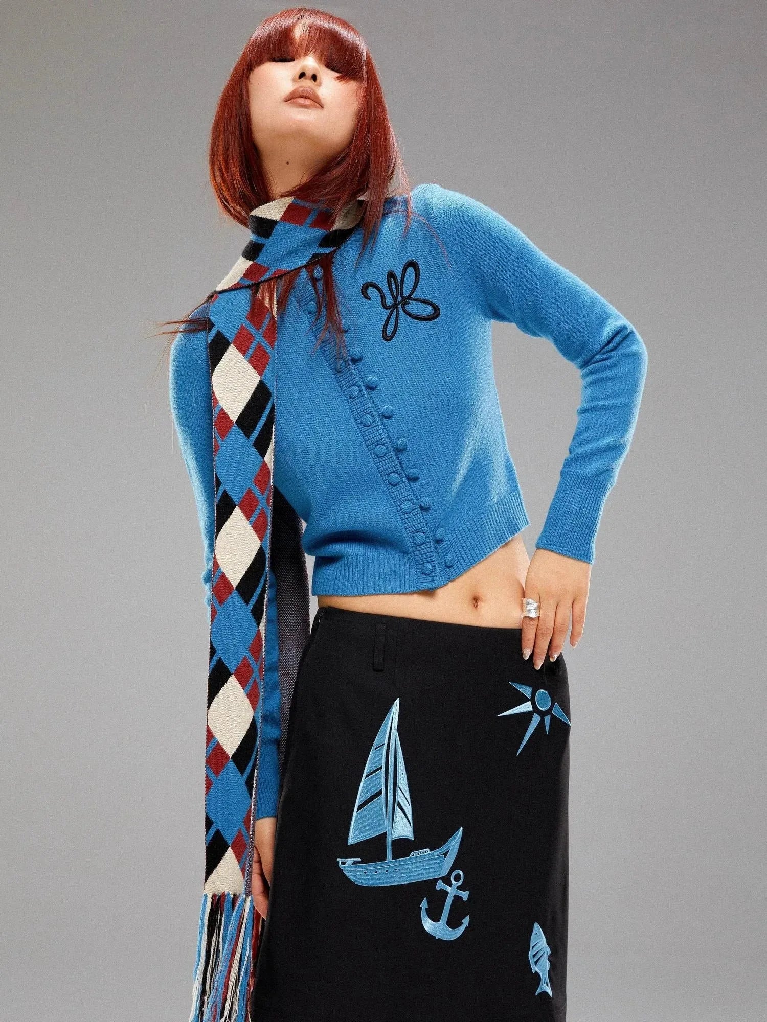 Island Blue Embroidered Double Breasted Knit Cardigan