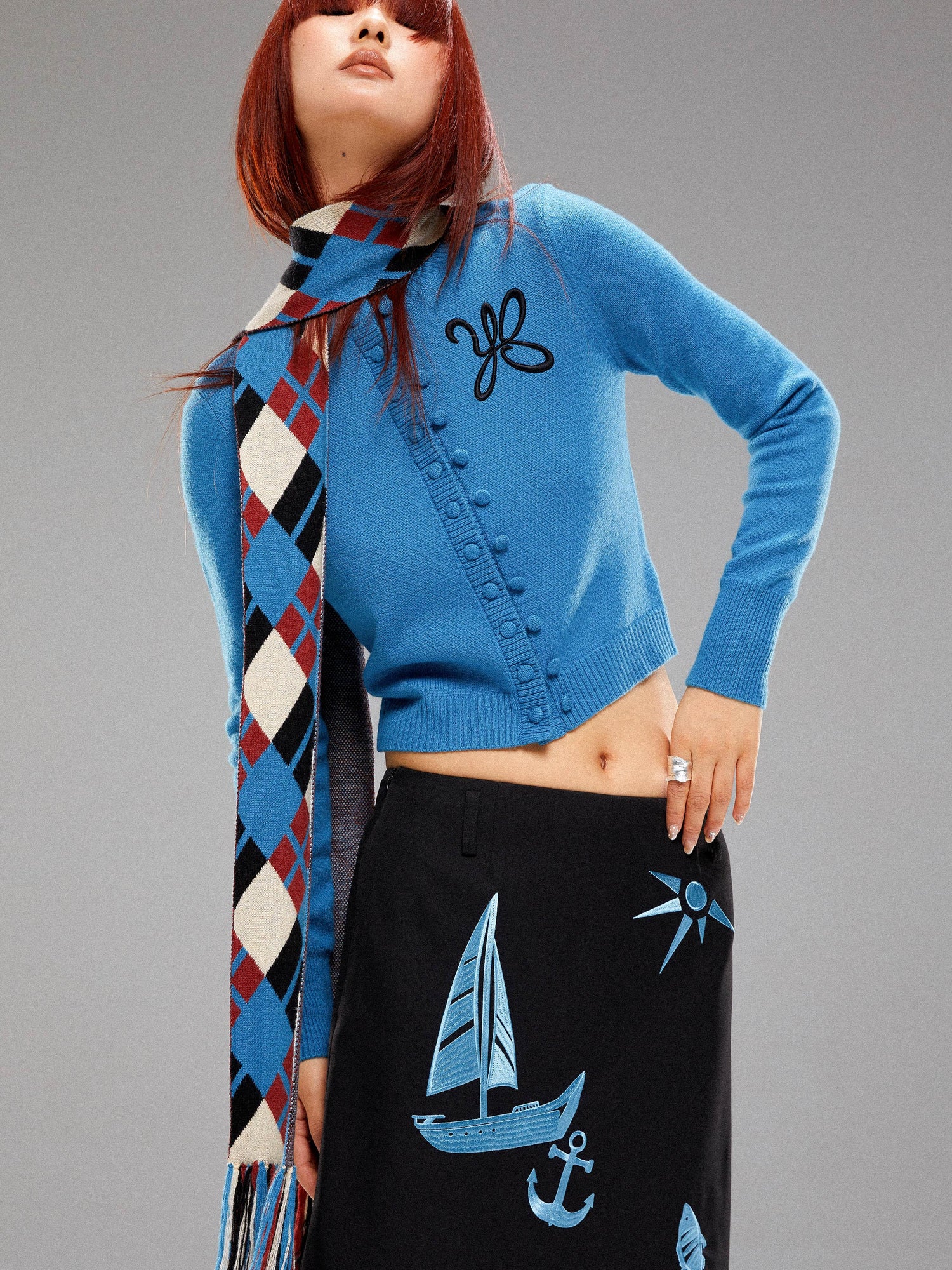YOSHUYUKI Island Blue Embroidered Double Breasted Knit Cardigan