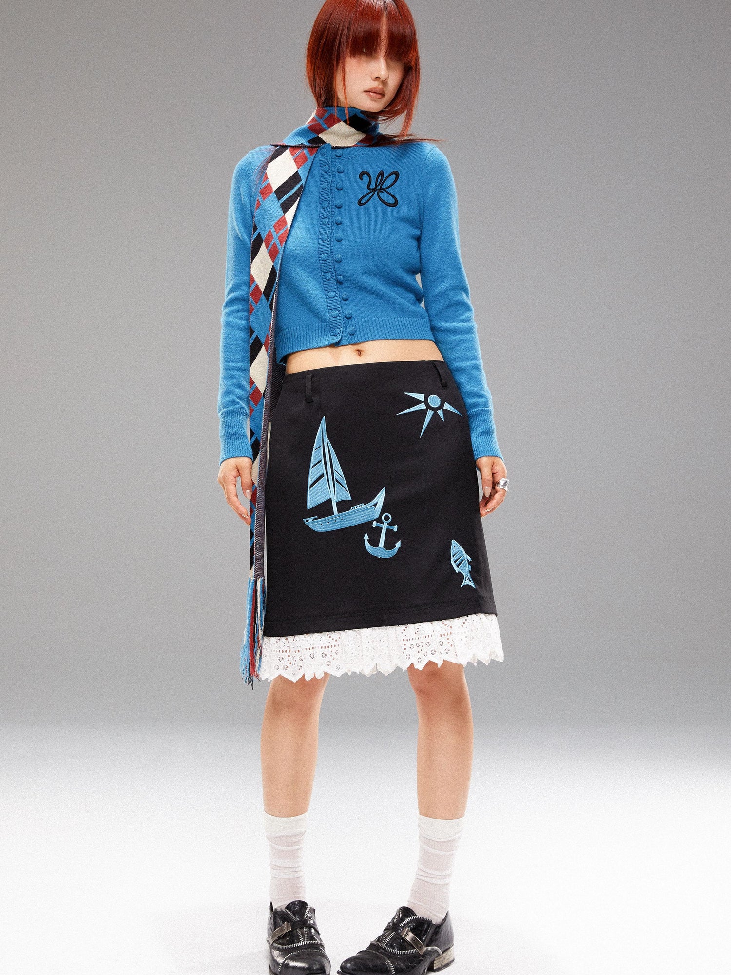 YOSHUYUKI Island Blue Embroidered Double Breasted Knit Cardigan