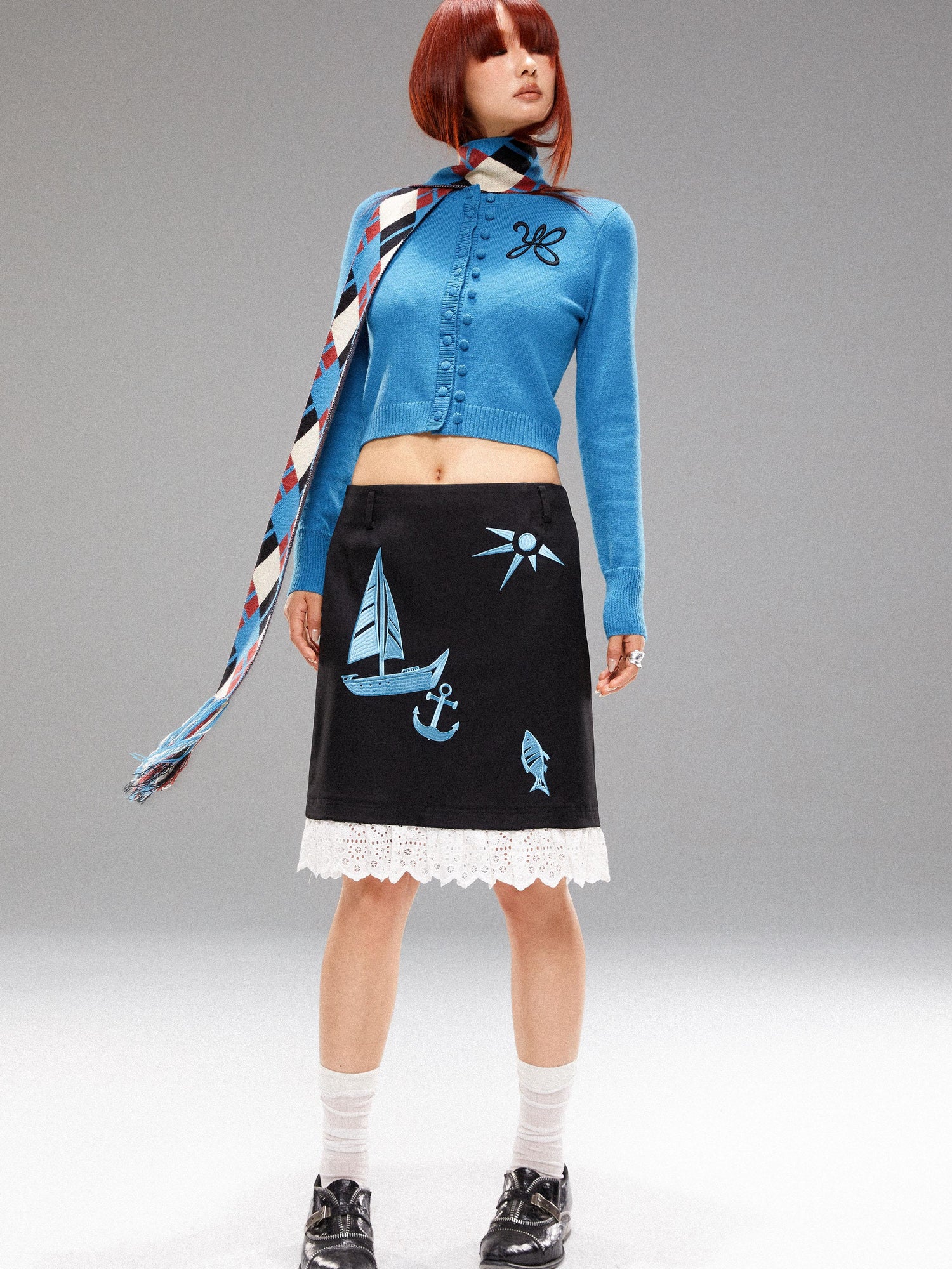YOSHUYUKI Island Blue Embroidered Double Breasted Knit Cardigan