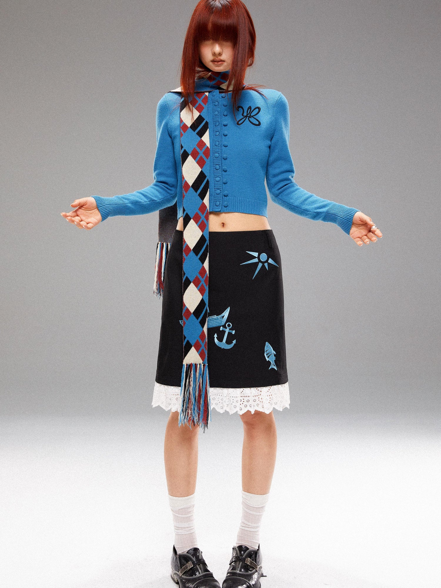 YOSHUYUKI Island Blue Embroidered Double Breasted Knit Cardigan