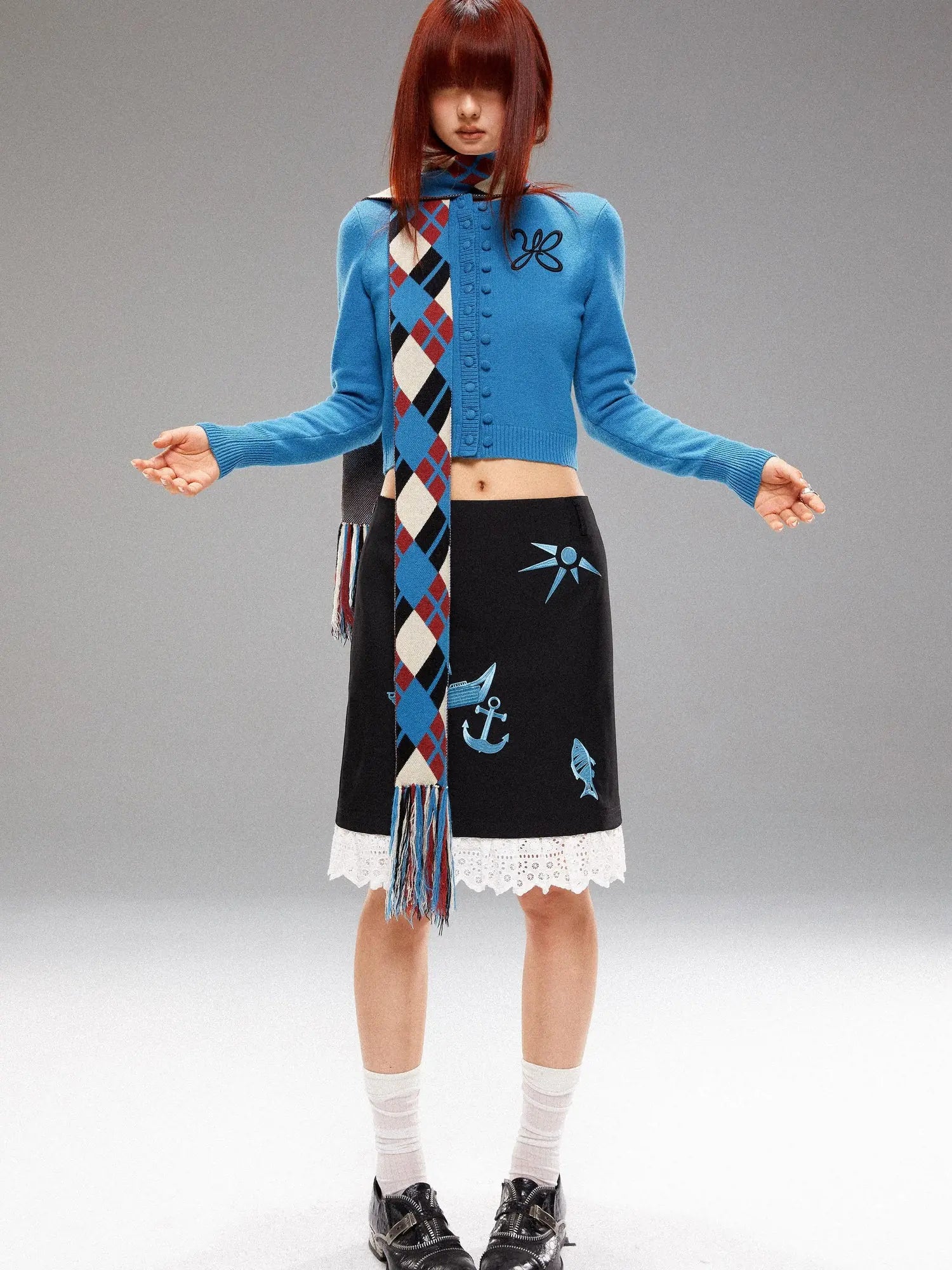 Island Blue Embroidered Double Breasted Knit Cardigan