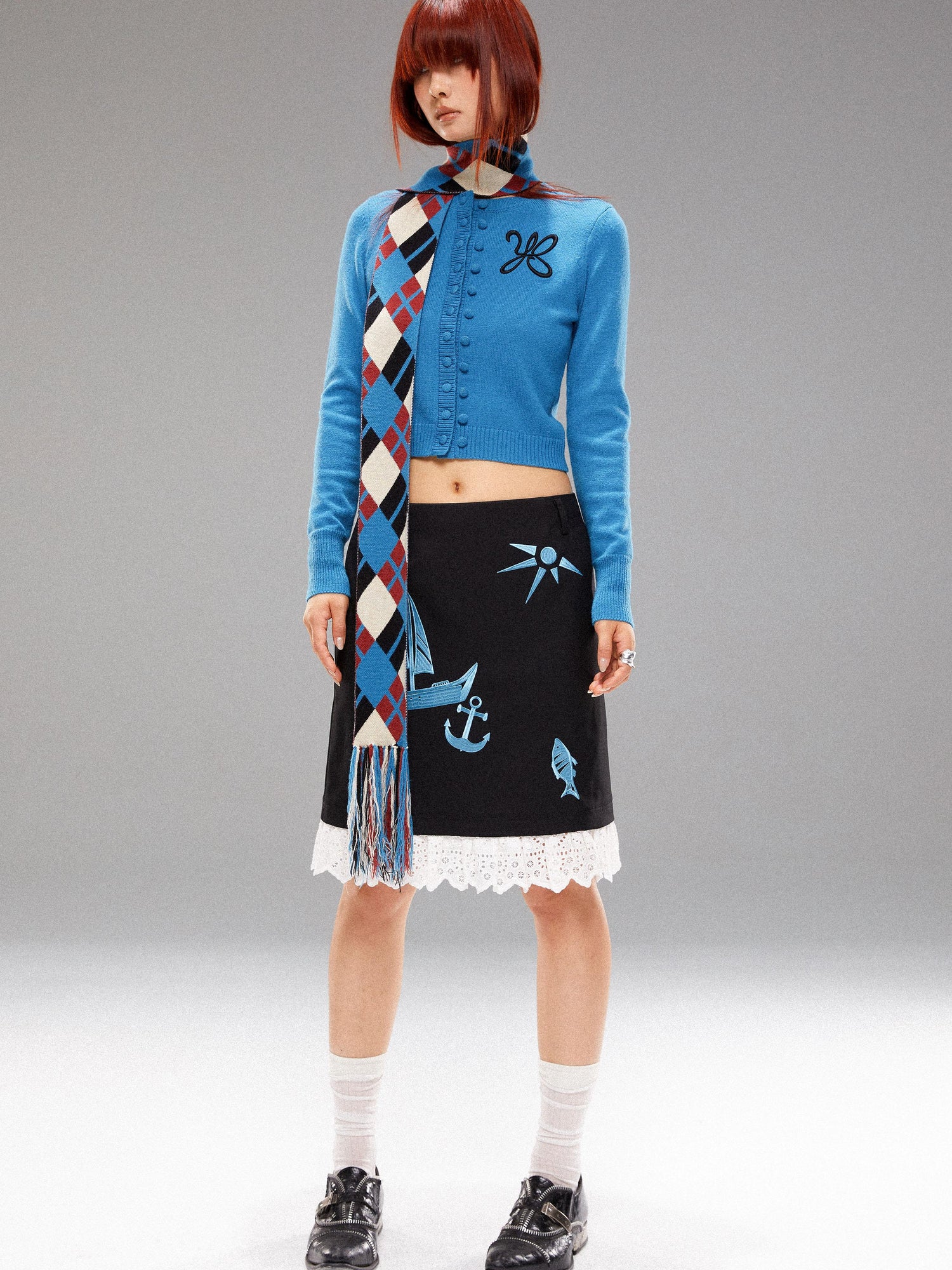 YOSHUYUKI Island Blue Embroidered Double Breasted Knit Cardigan