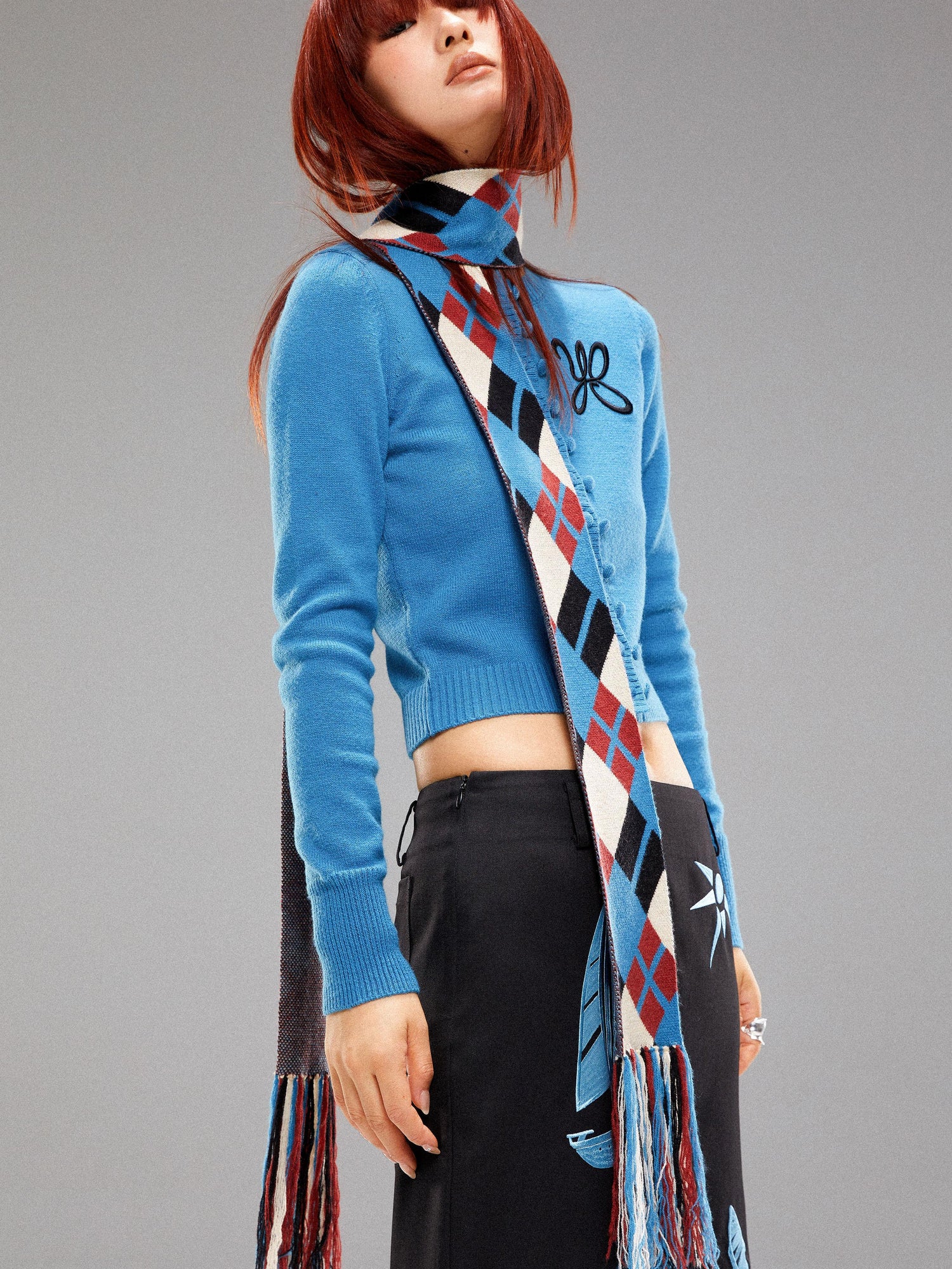 YOSHUYUKI Island Blue Embroidered Double Breasted Knit Cardigan