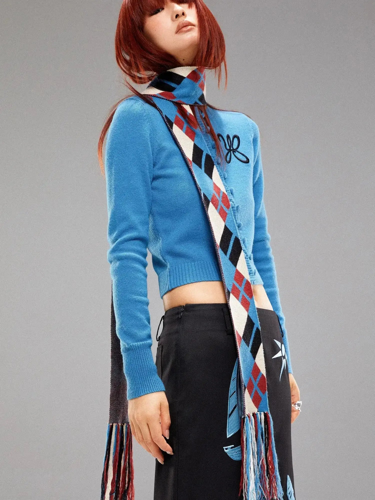 Island Blue Embroidered Double Breasted Knit Cardigan
