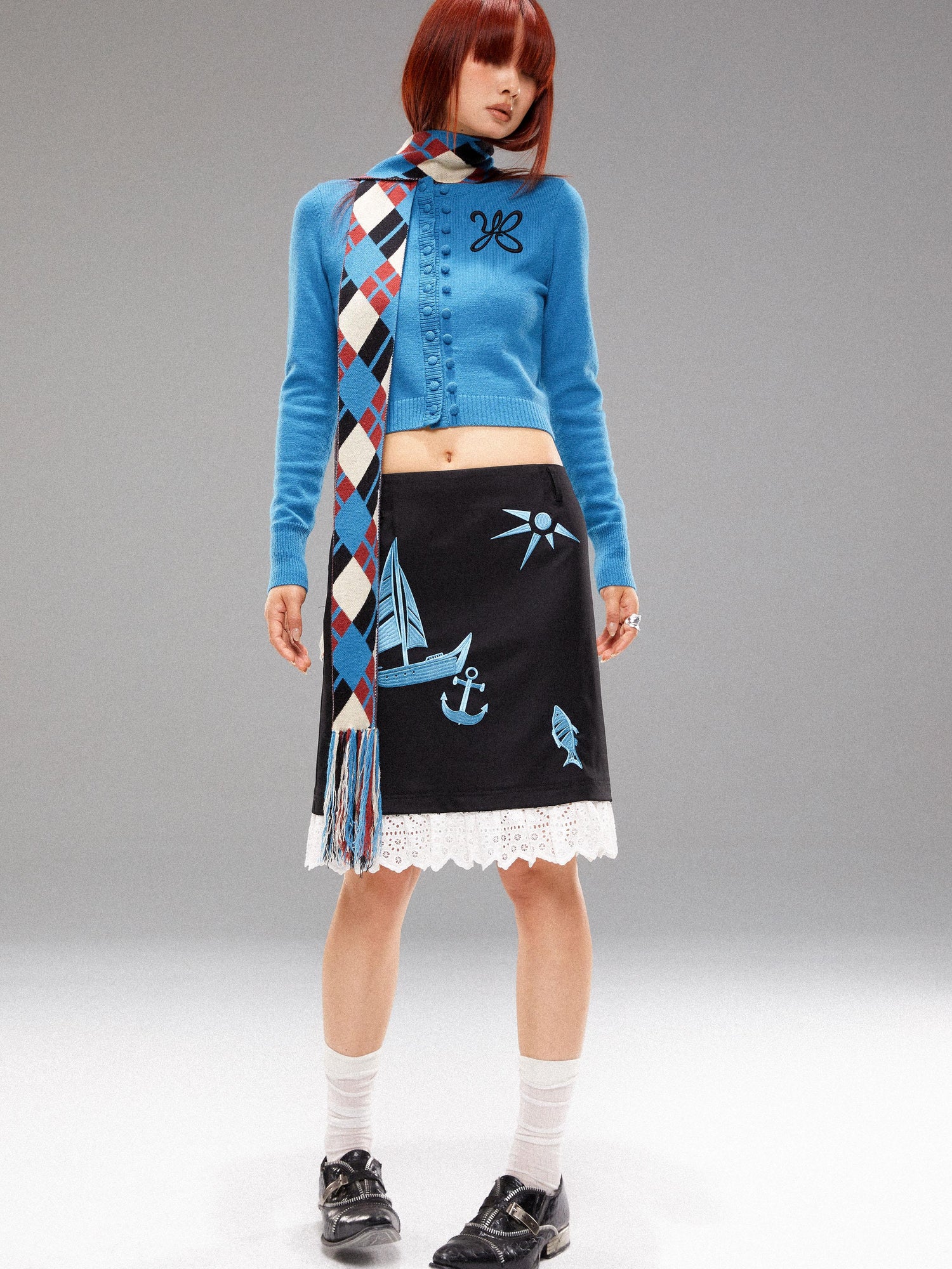 YOSHUYUKI Island Blue Embroidered Double Breasted Knit Cardigan