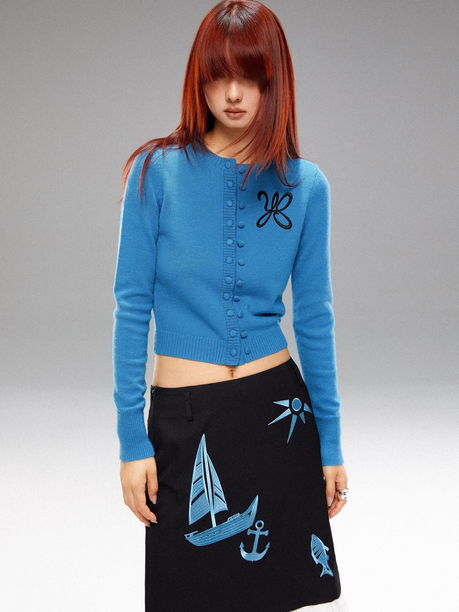 YOSHUYUKI Island Blue Embroidered Double Breasted Knit Cardigan