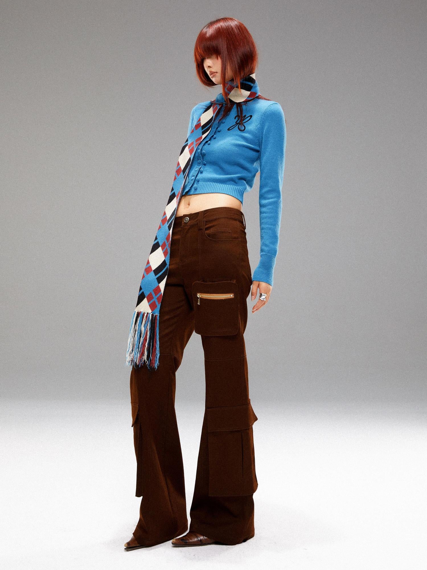 YOSHUYUKI Island Blue Embroidered Double Breasted Knit Cardigan