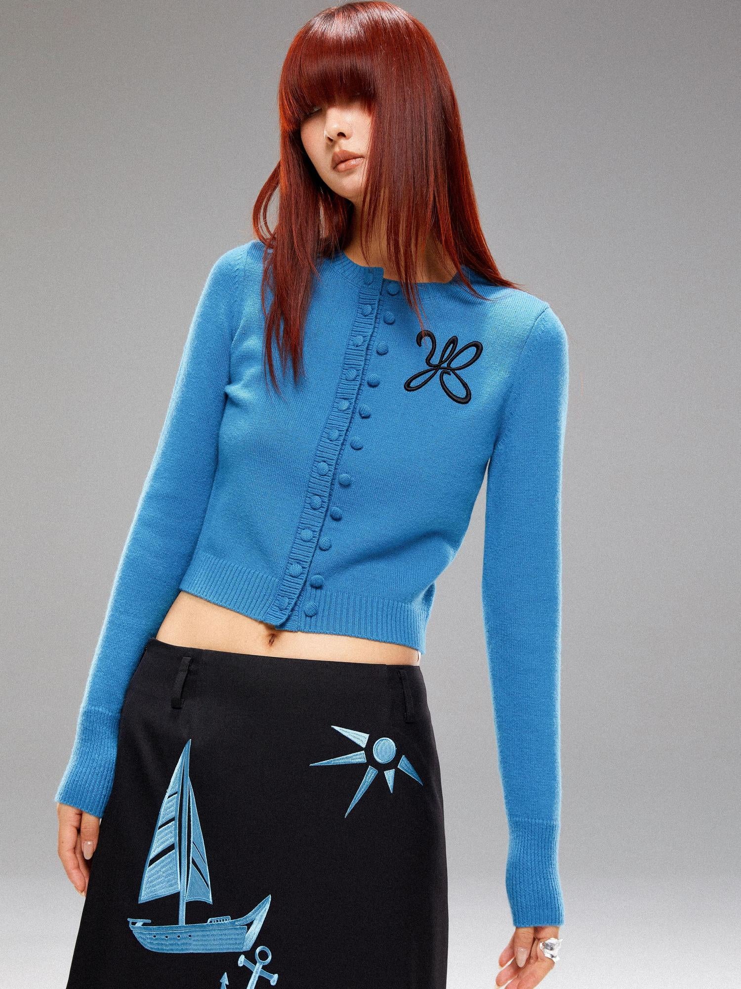 YOSHUYUKI Island Blue Embroidered Double Breasted Knit Cardigan