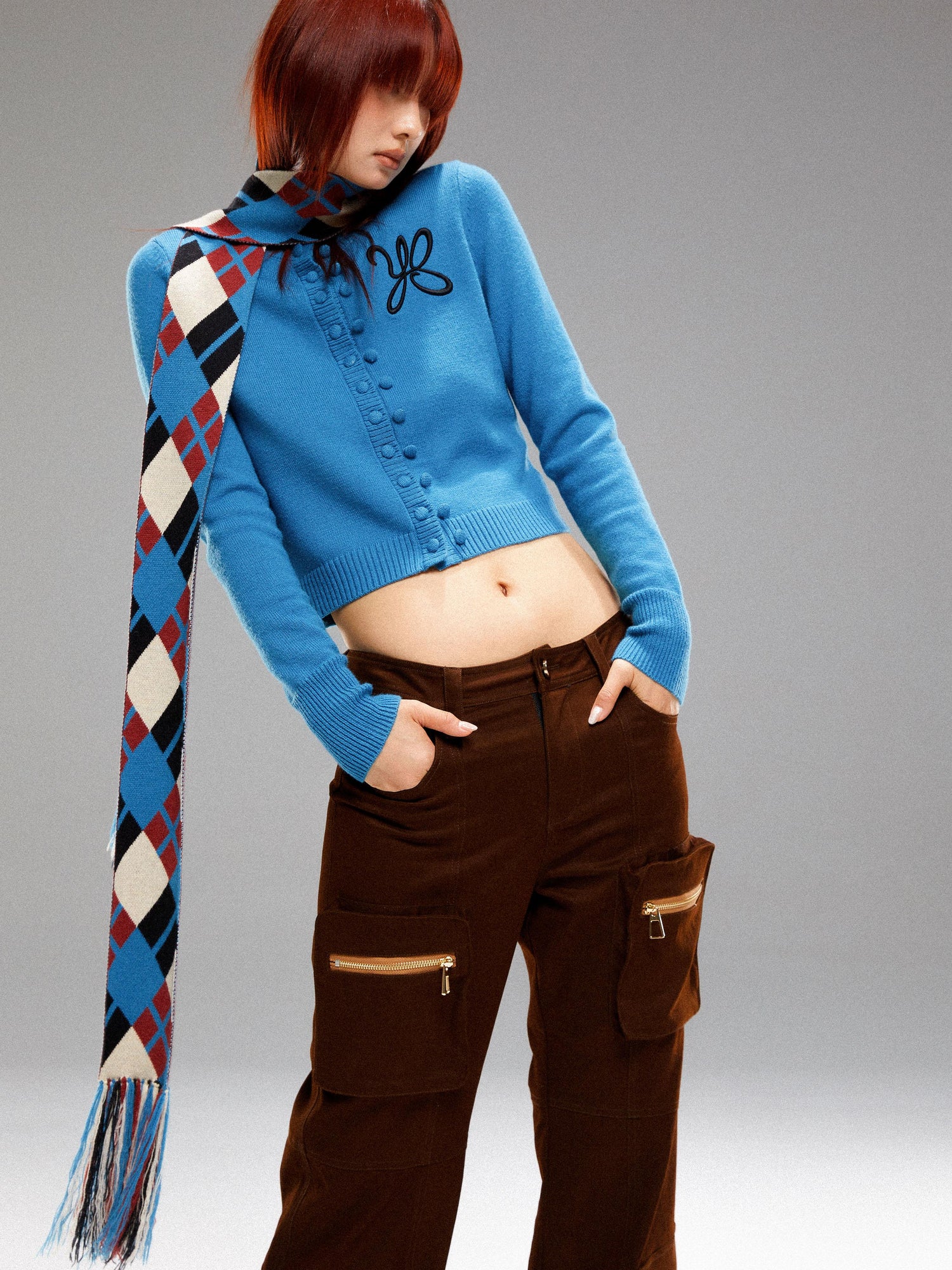 YOSHUYUKI Island Blue Embroidered Double Breasted Knit Cardigan