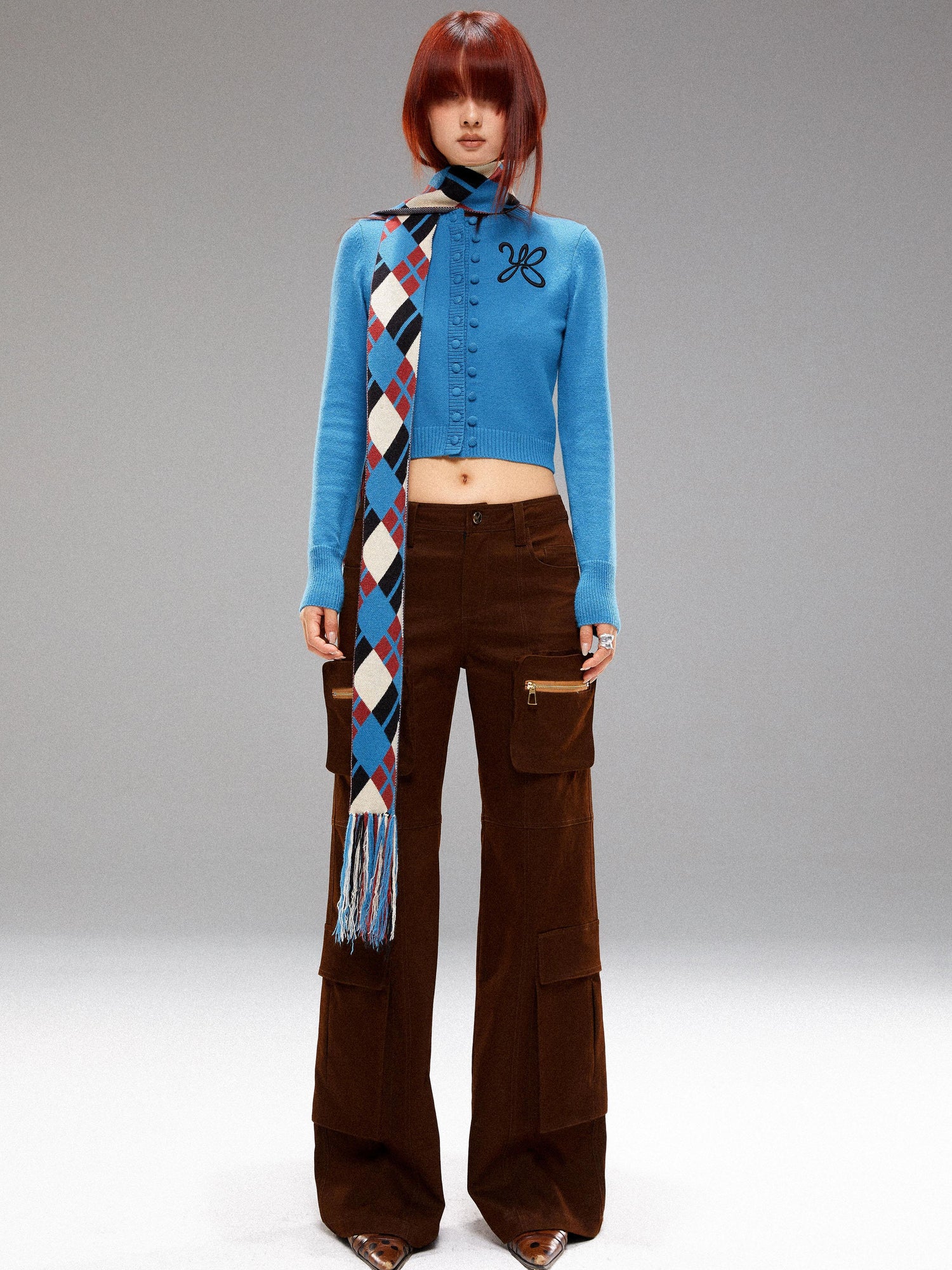 YOSHUYUKI Island Blue Embroidered Double Breasted Knit Cardigan