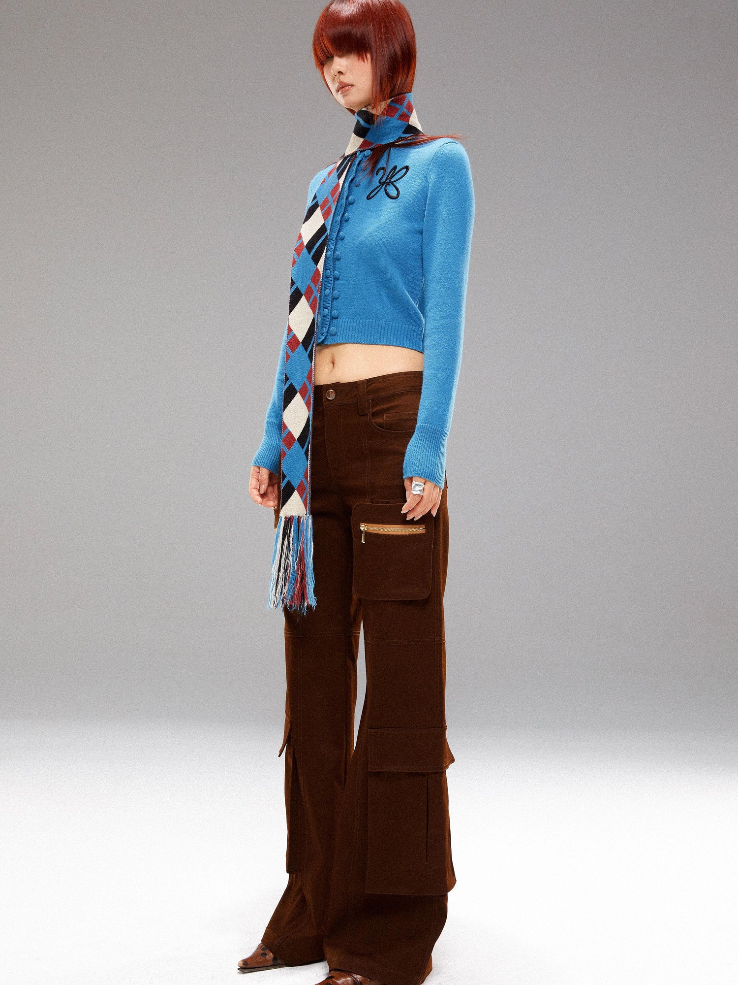 YOSHUYUKI Island Blue Embroidered Double Breasted Knit Cardigan
