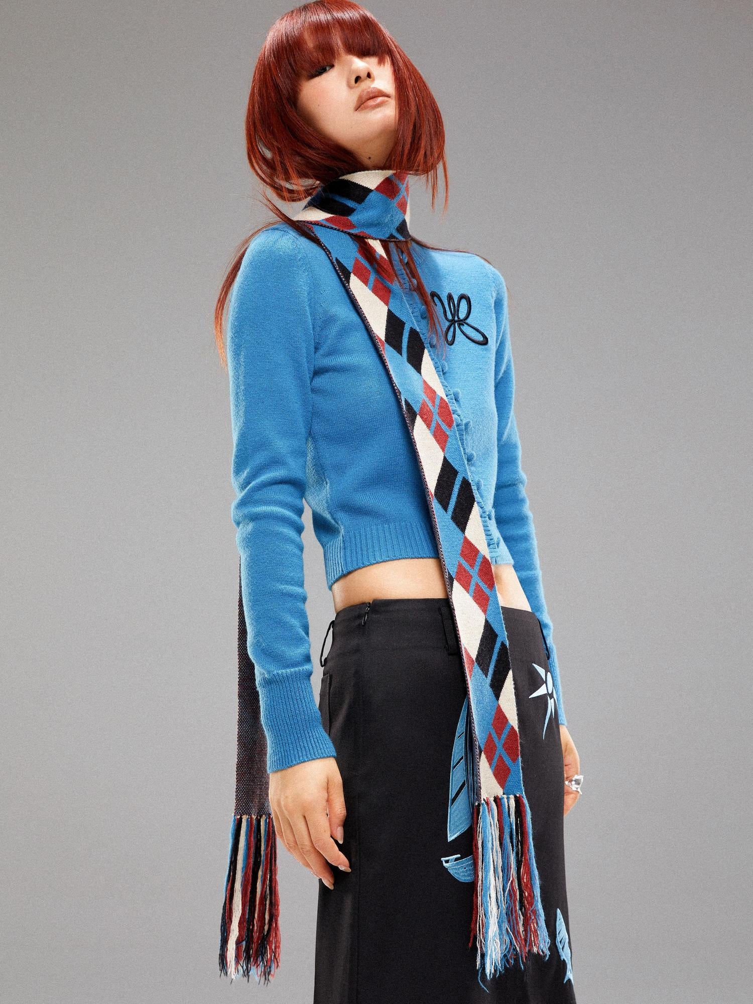 YOSHUYUKI Island Contrast Check Scarf Blue Red Wool Blend Winter Plaid