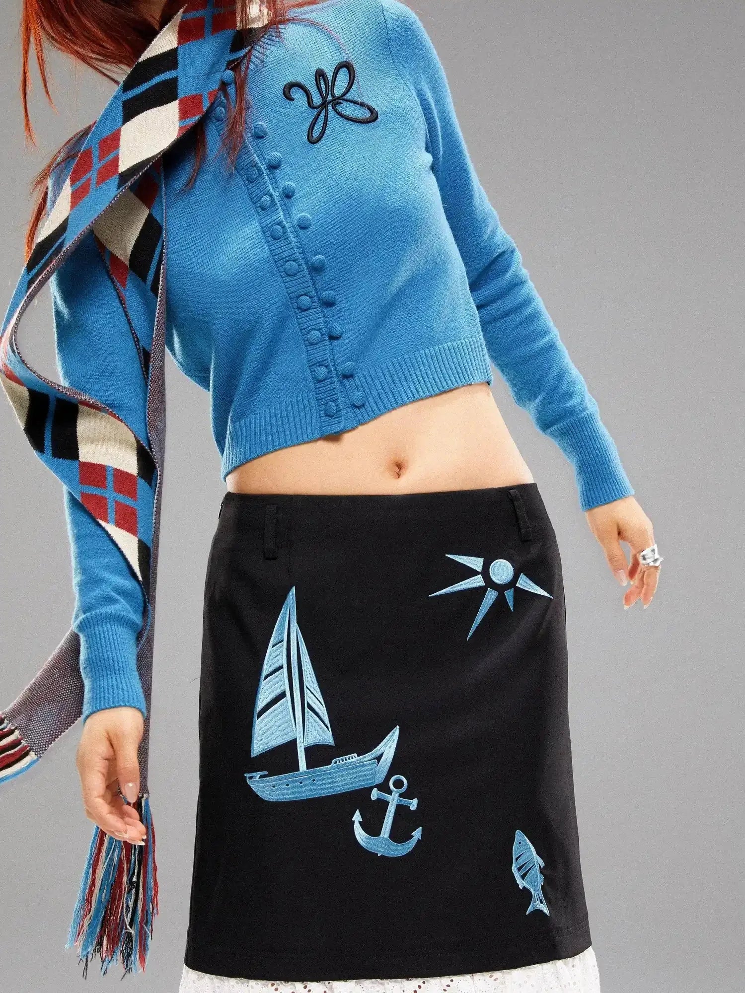 Island Contrast Check Scarf Blue Red Wool Blend Winter Plaid