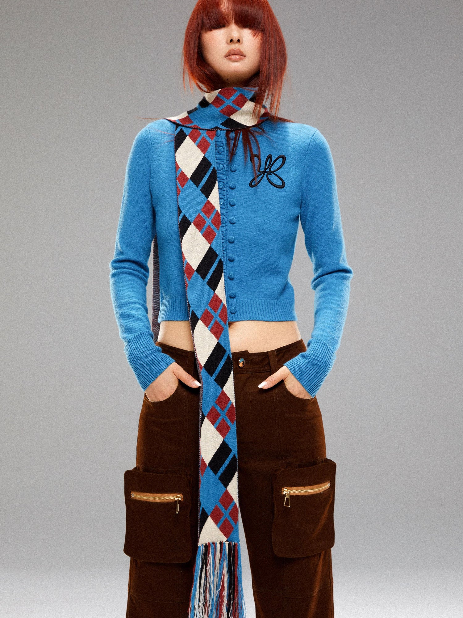 YOSHUYUKI Island Contrast Check Scarf Blue Red Wool Blend Winter Plaid