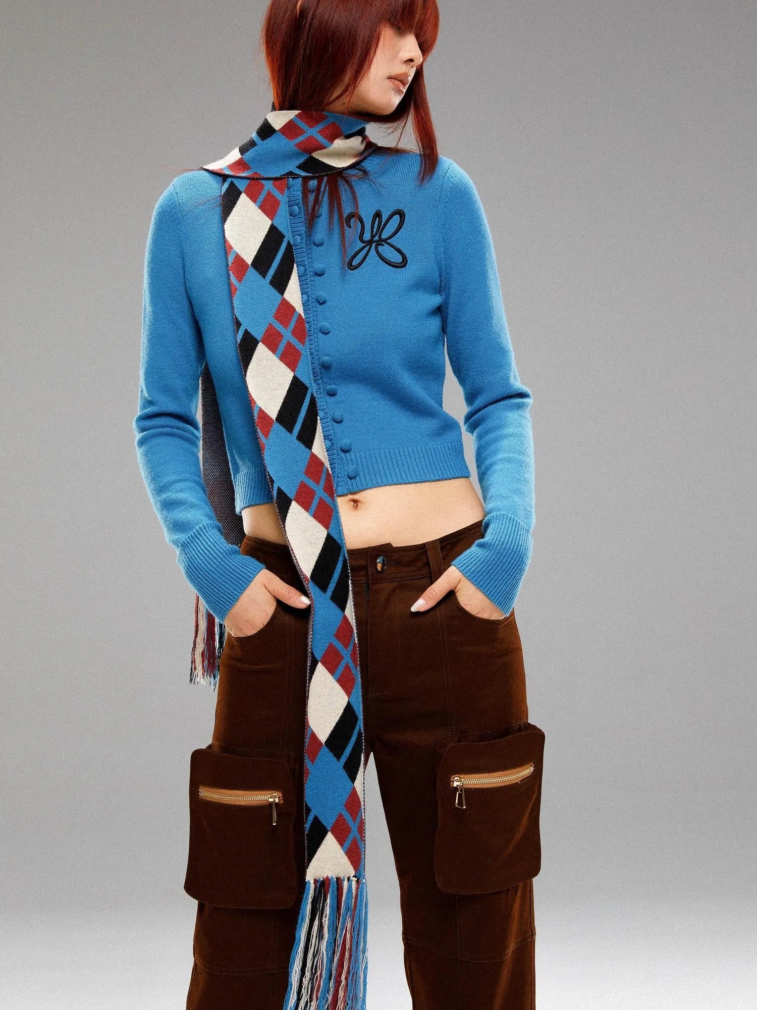 Island Contrast Check Scarf Blue Red Wool Blend Winter Plaid