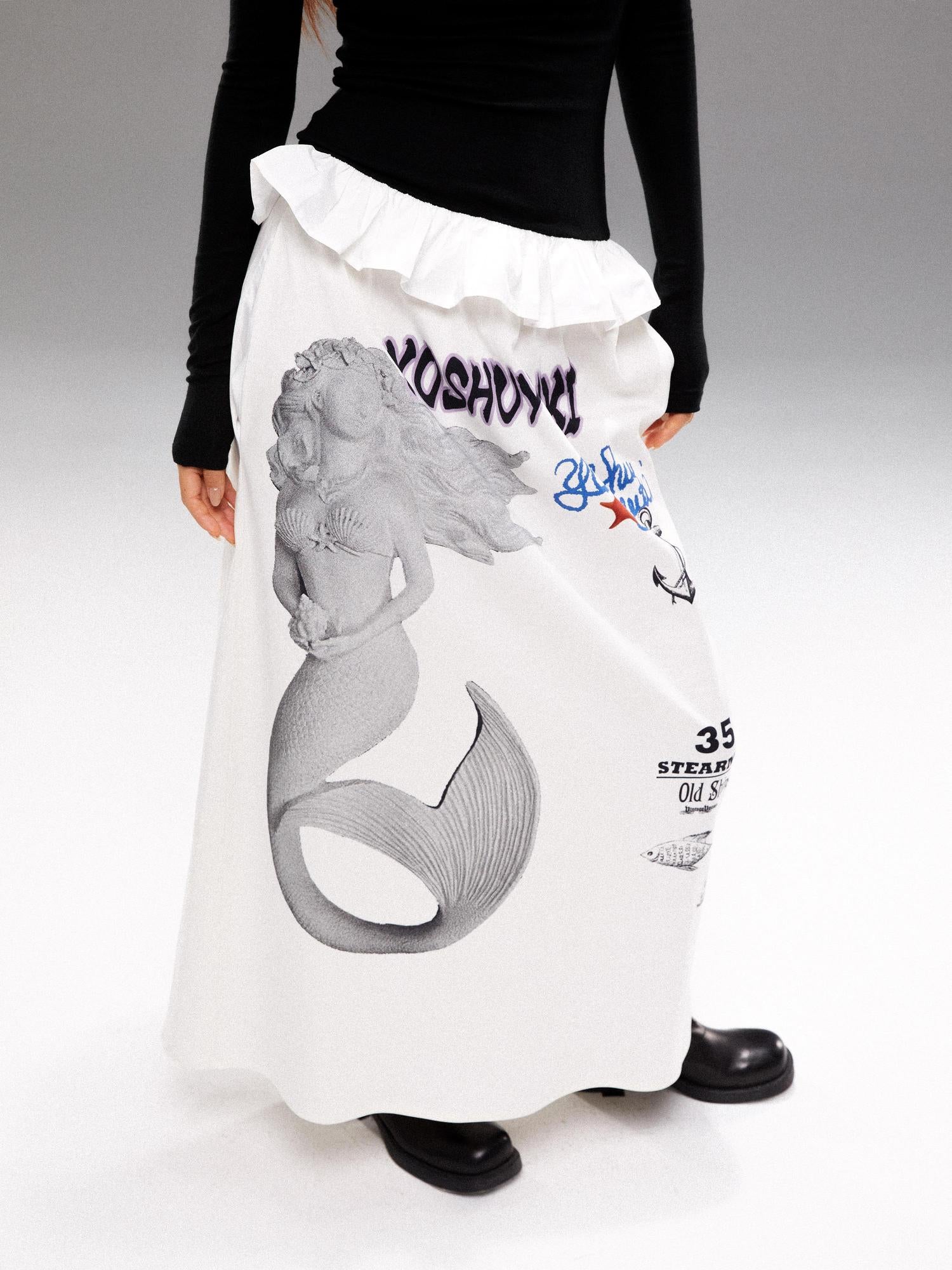 YOSHUYUKI Island Mermaid Print Stretch Lyocell Midi Skirt