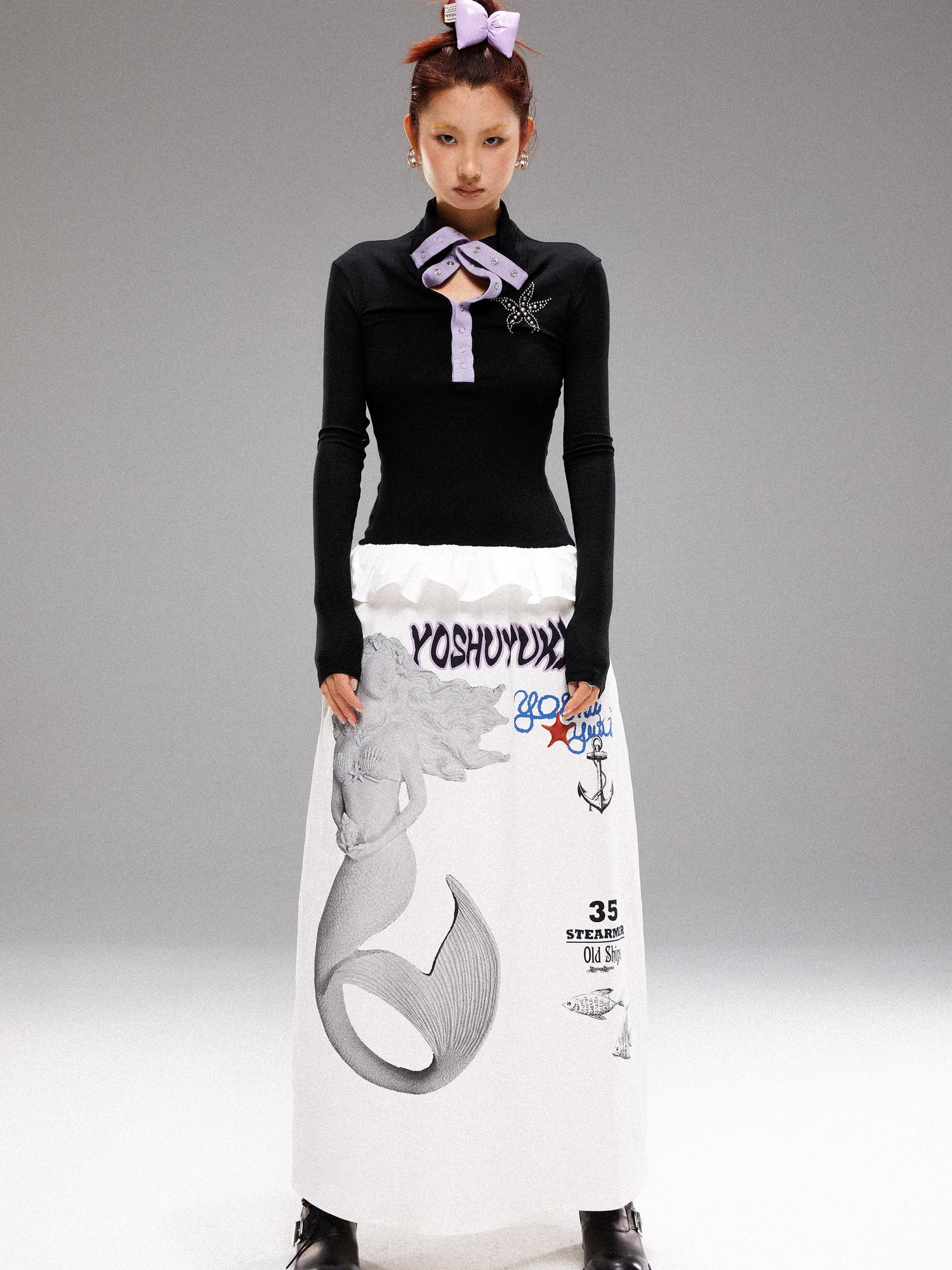 YOSHUYUKI Island Mermaid Print Stretch Lyocell Midi Skirt