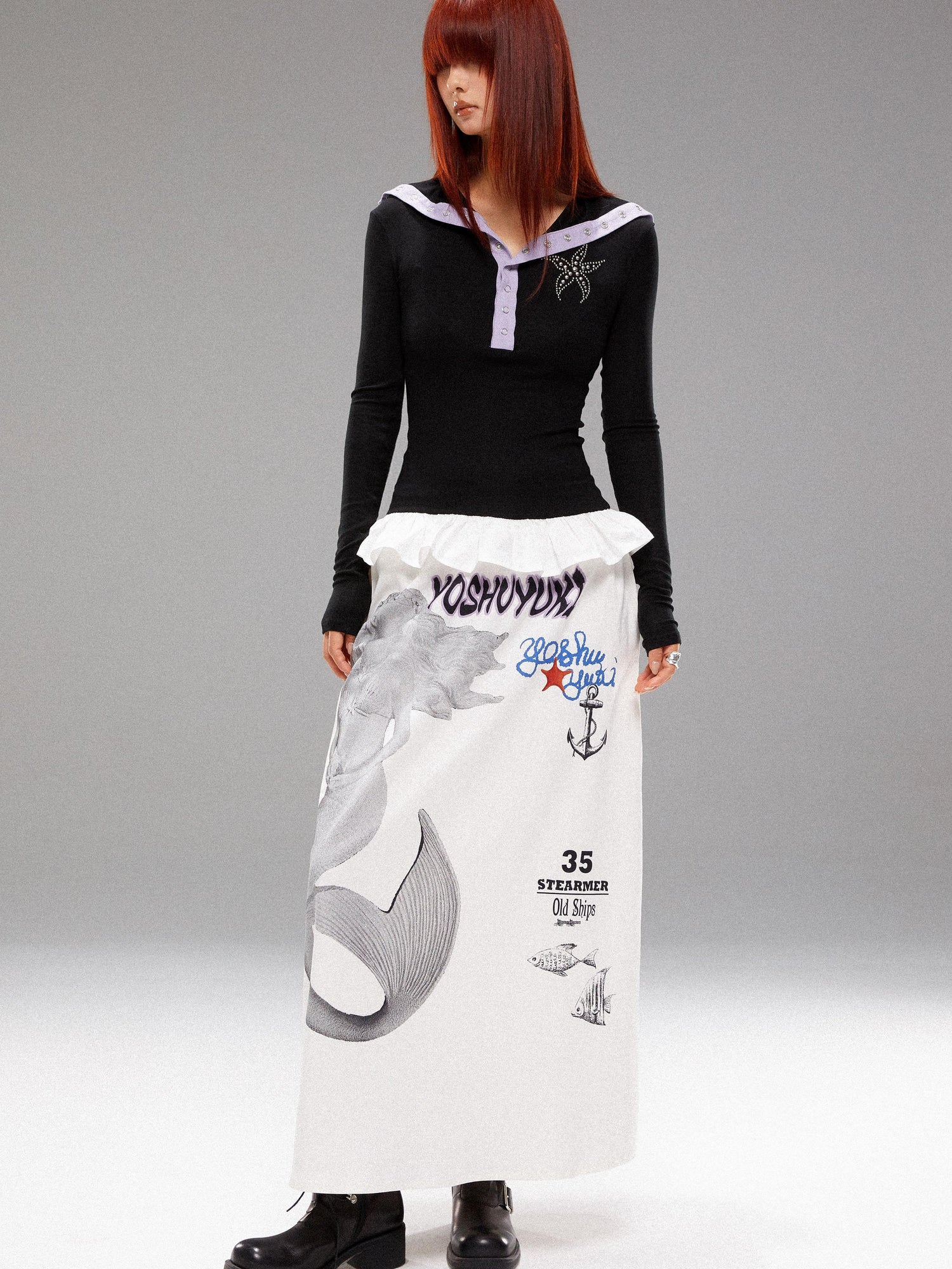 YOSHUYUKI Island Mermaid Print Stretch Lyocell Midi Skirt
