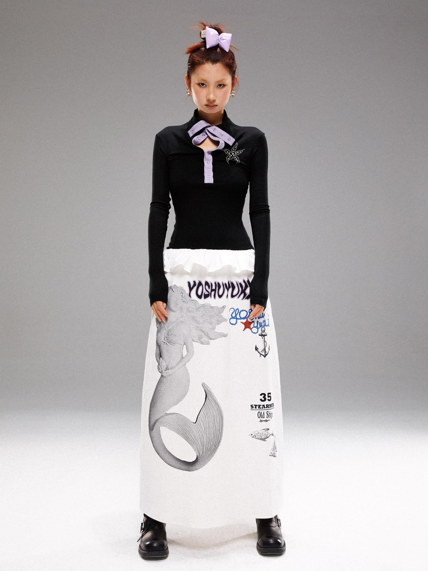 YOSHUYUKI Island Mermaid Print Stretch Lyocell Midi Skirt