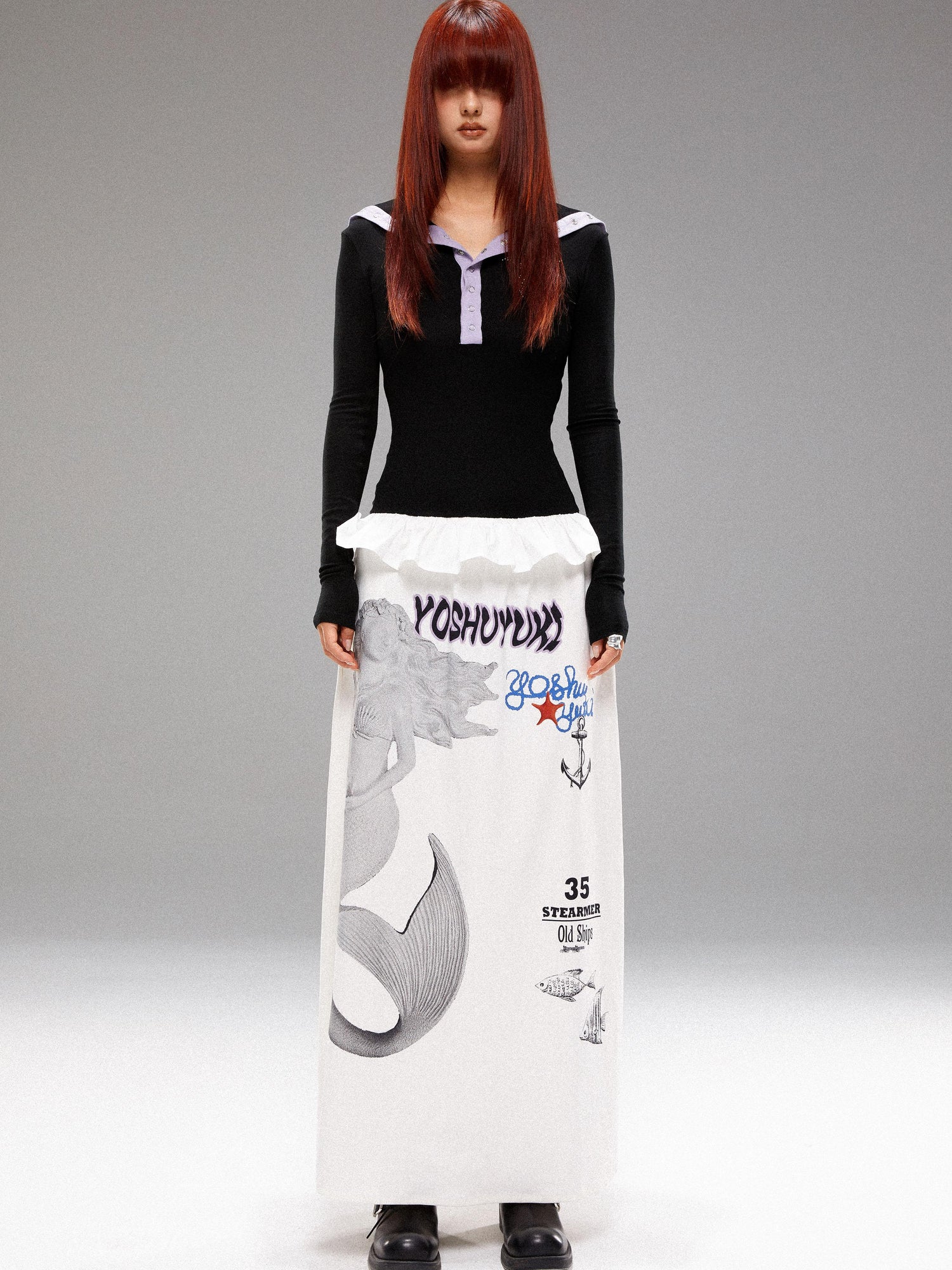 YOSHUYUKI Island Mermaid Print Stretch Lyocell Midi Skirt