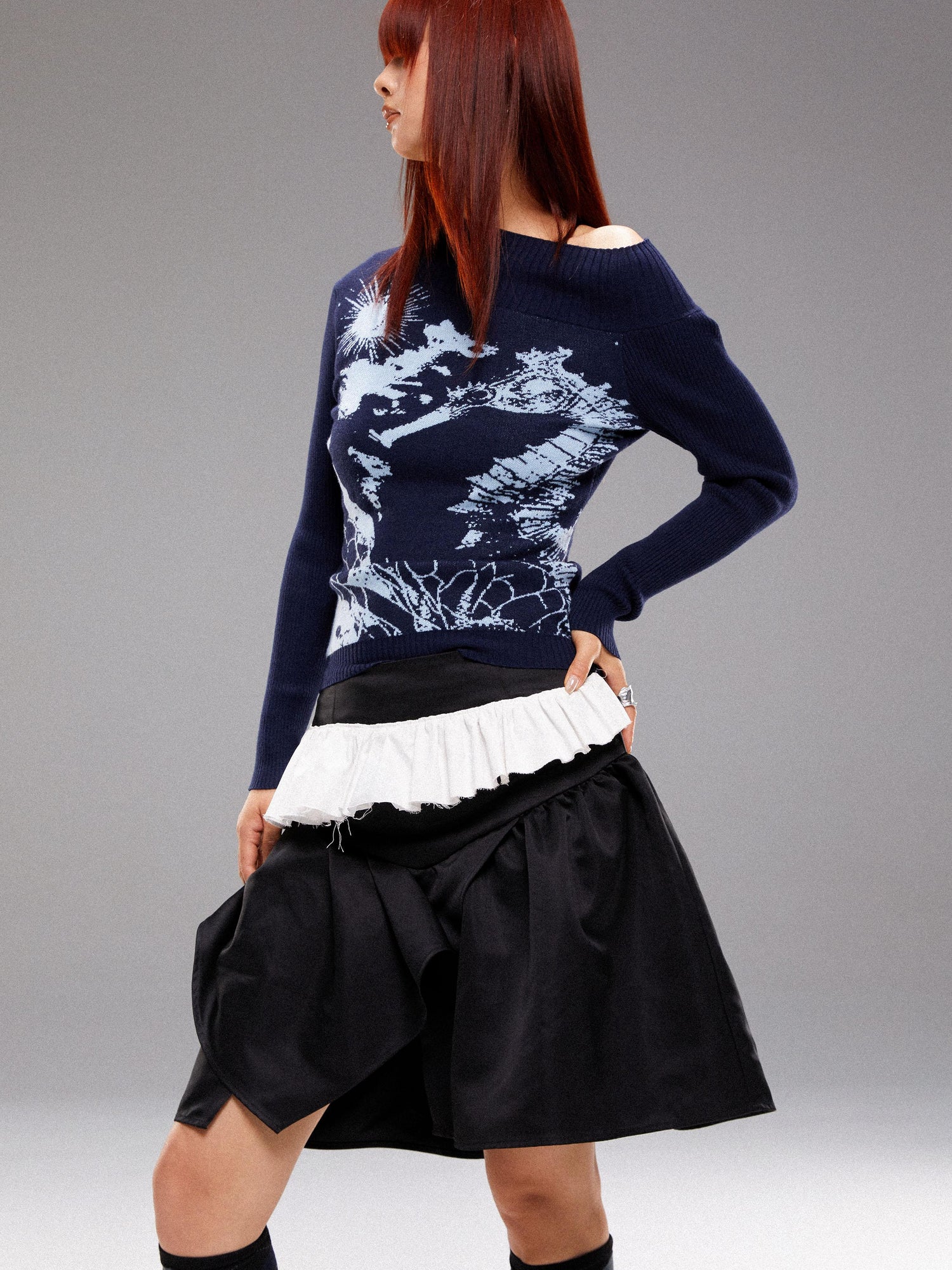 YOSHUYUKI Island Sea Horse Jacquard Knit Top Blue Black