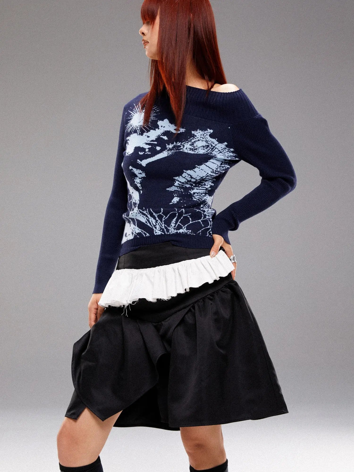 Island Sea Horse Jacquard Knit Top Blue Black