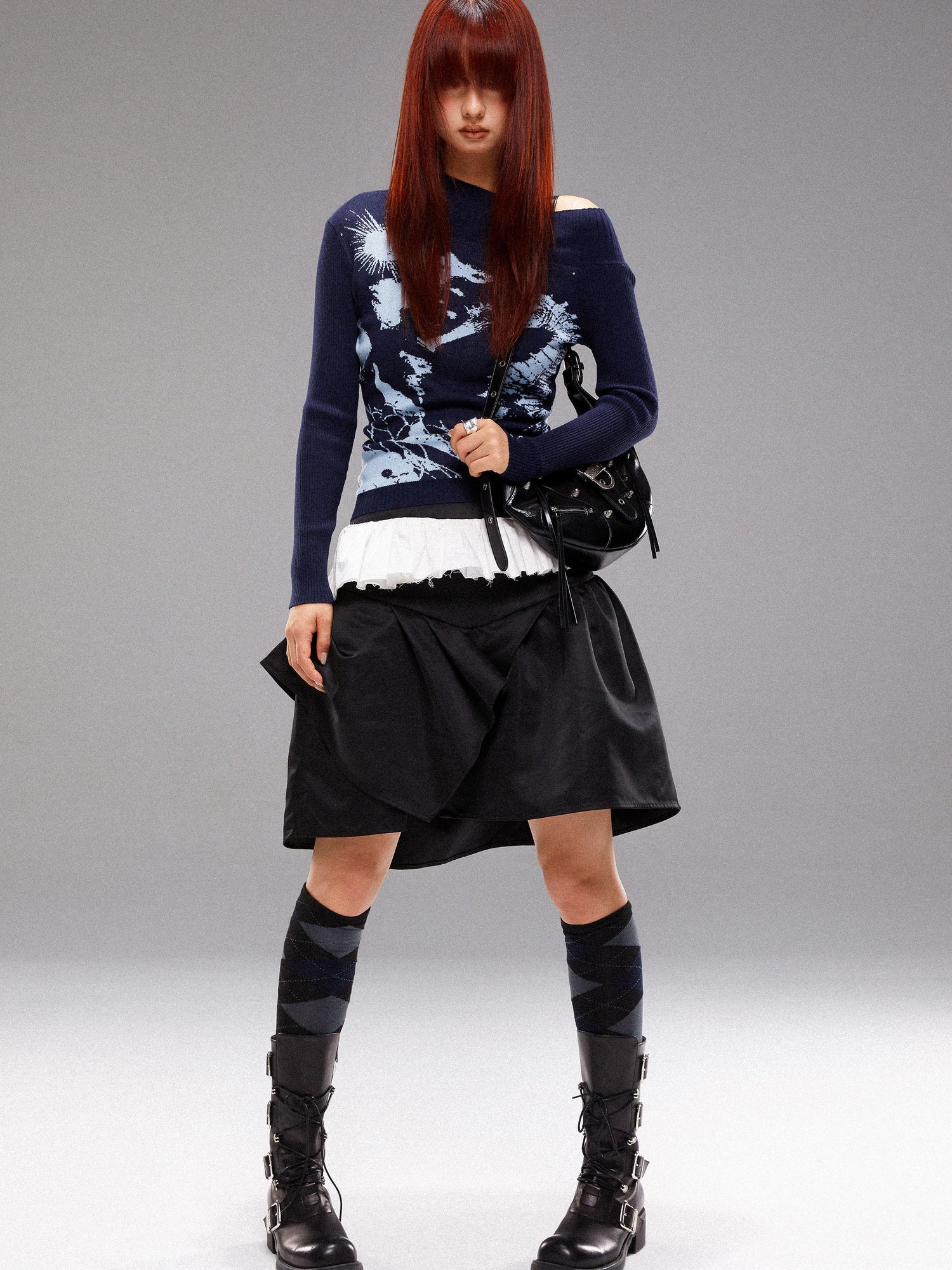 YOSHUYUKI Island Sea Horse Jacquard Knit Top Blue Black