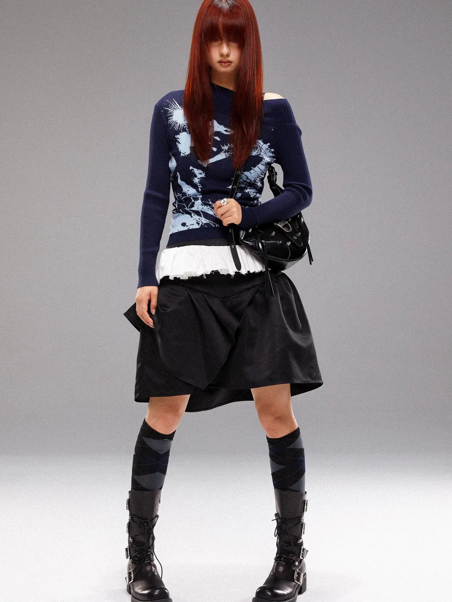 Island Sea Horse Jacquard Knit Top Blue Black