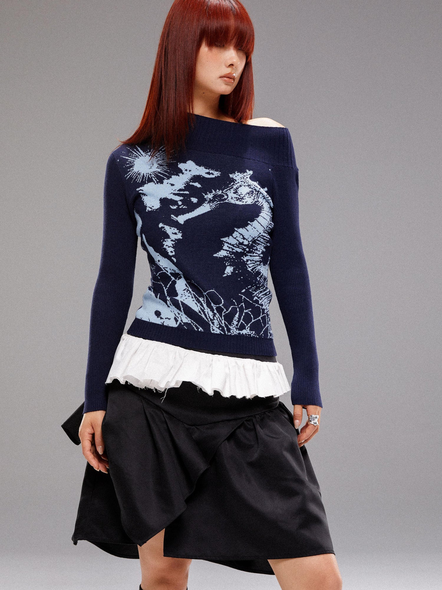 YOSHUYUKI Island Sea Horse Jacquard Knit Top Blue Black